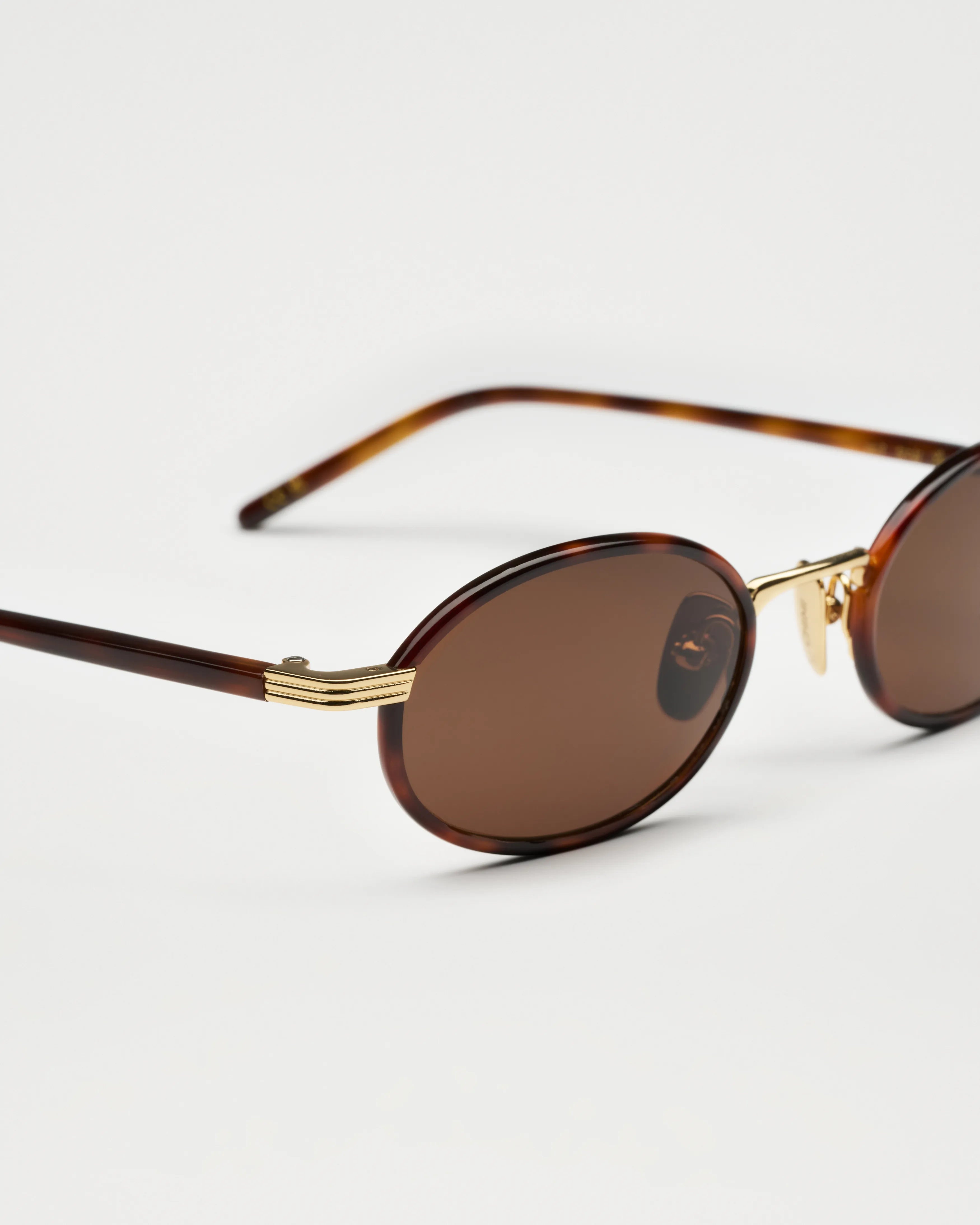 Lea Royal Tortoise Sunglasses with brown lenses and gold detailing on a neutral background.