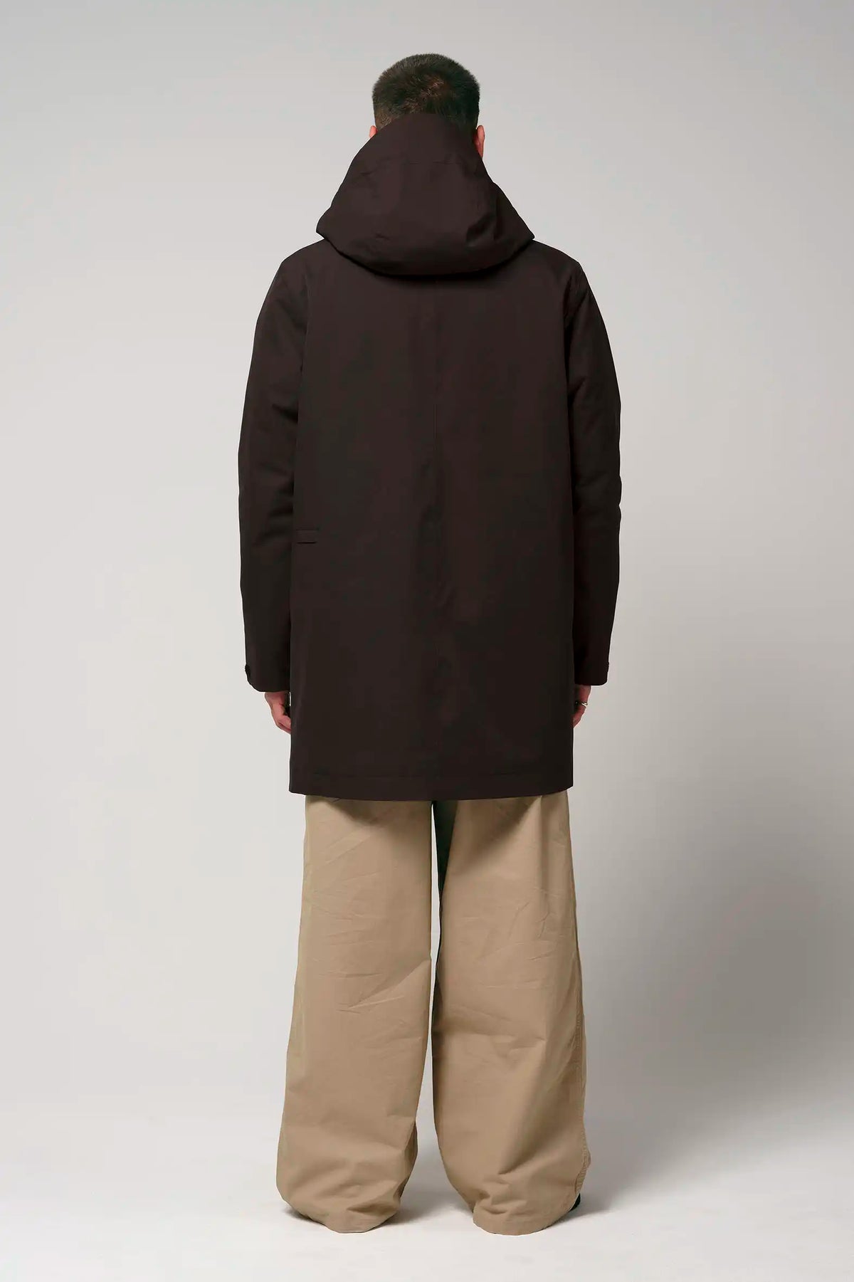 Cielo Black Coffee Coat showcased from the back, featuring a hood and regular fit design.