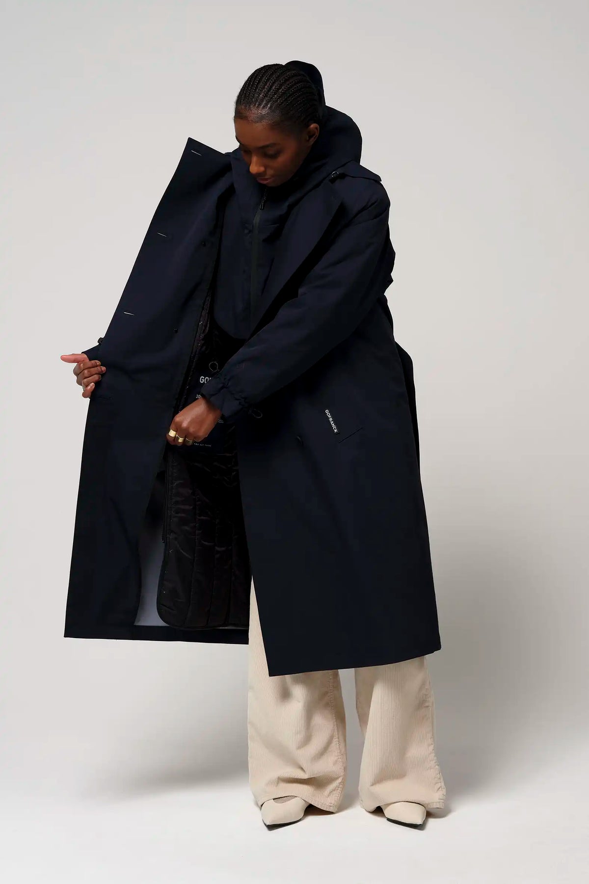 Model wearing a Gale Sky Captain Blue Parka showcasing its casual fit and stylish design.