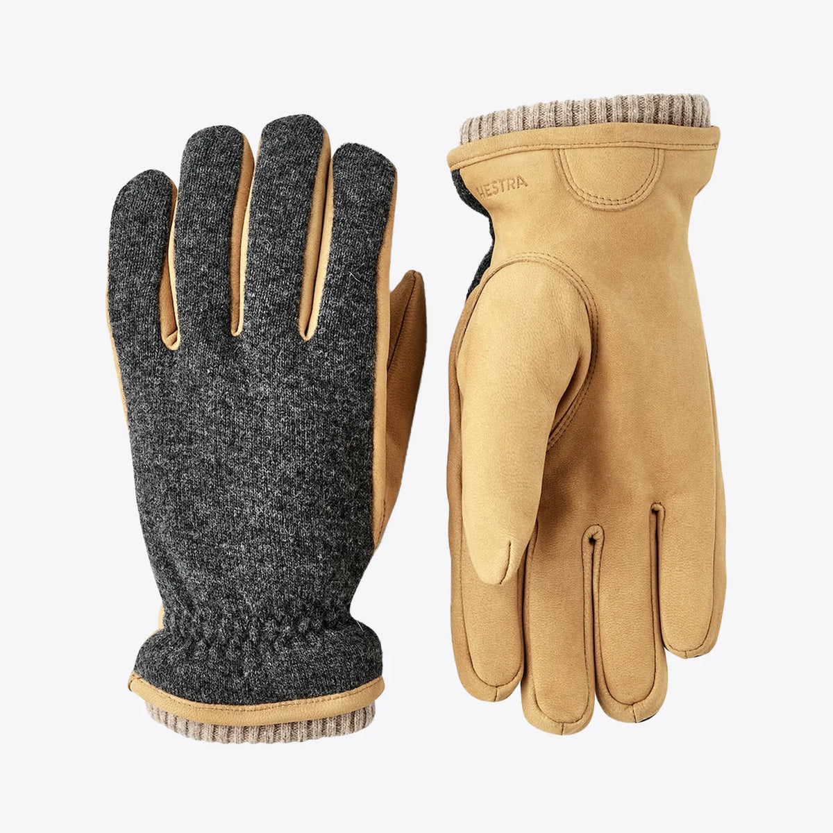 Noah Charcoal Tan Gloves by Hestra featuring nubuck goat leather and wool blend jersey for winter warmth.