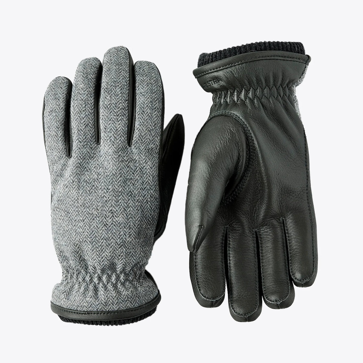 Wilhelm Grey Gloves by Hestra featuring herringbone pattern and elk leather for warmth and durability.