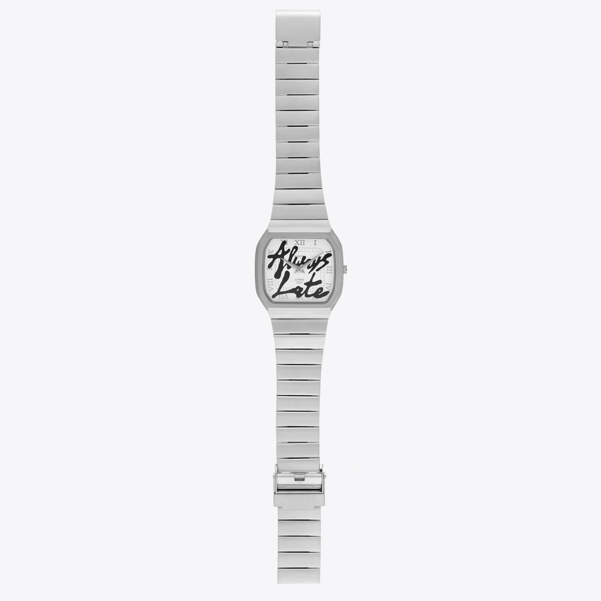 Max Late Silver Moon Watch with stainless steel band and unique Always Late dial design.