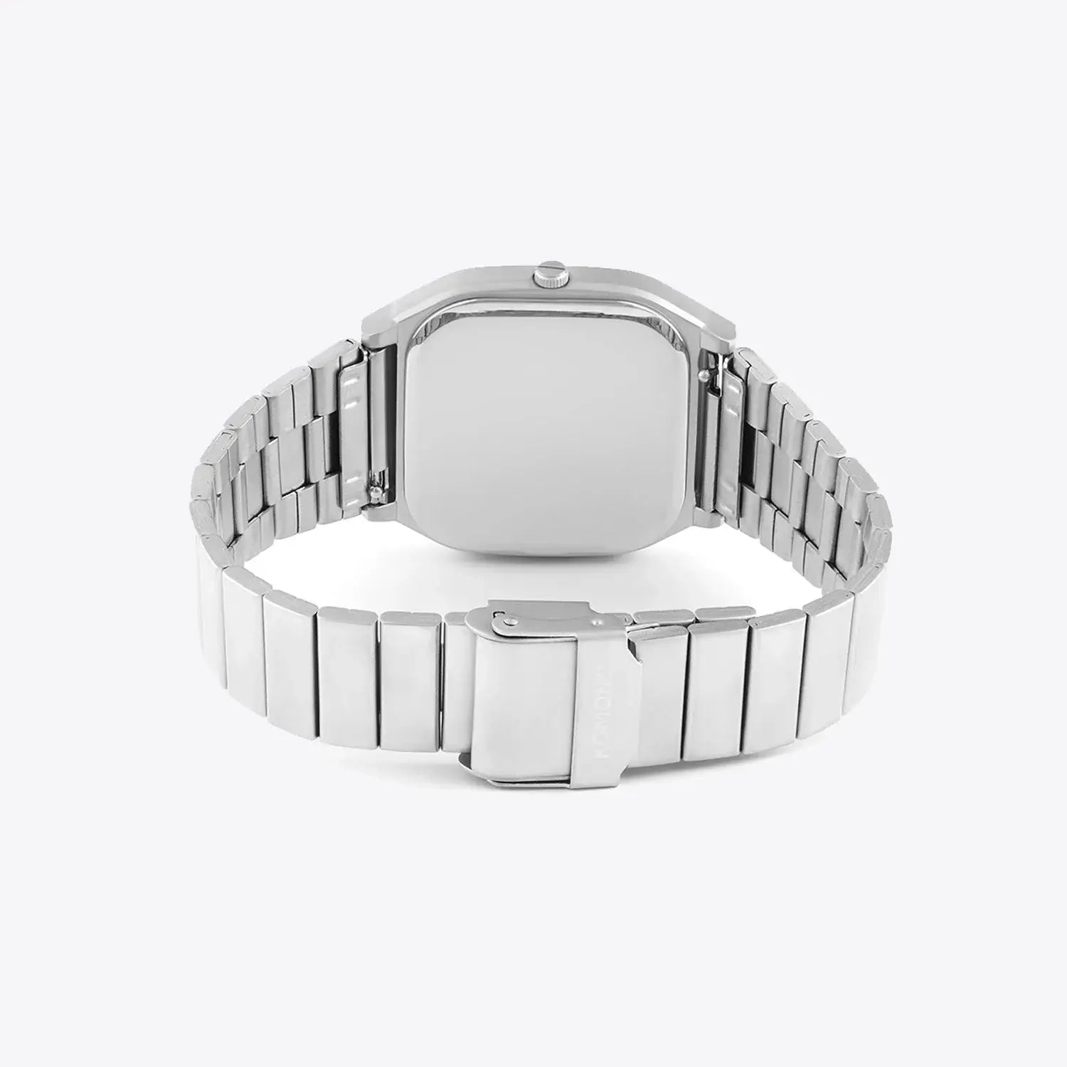 Back view of Max Silver Moon Watch showcasing a stainless steel wristband and case.