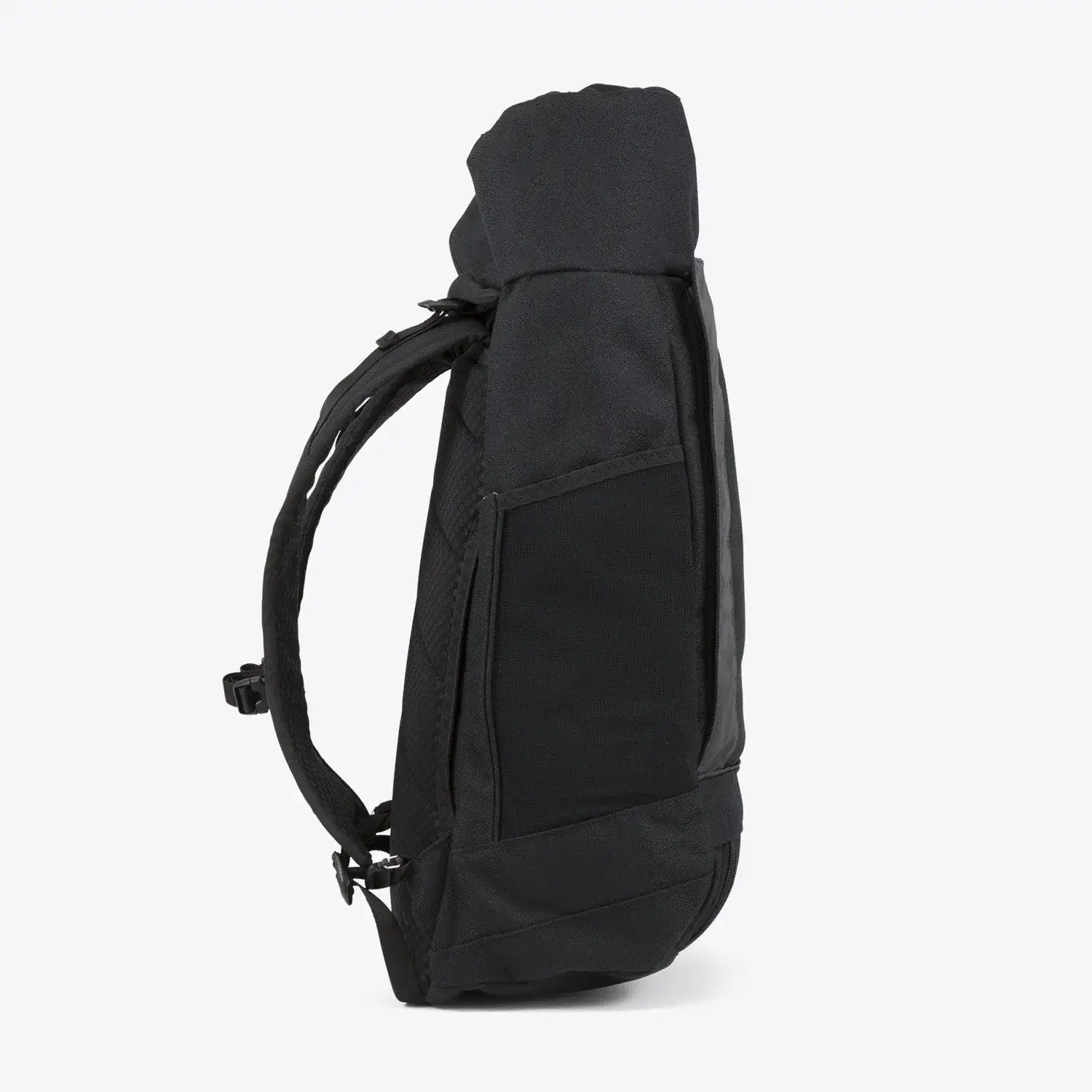 Blok Large Licorice Black Backpack side view showcasing durable design and water repellent materials.