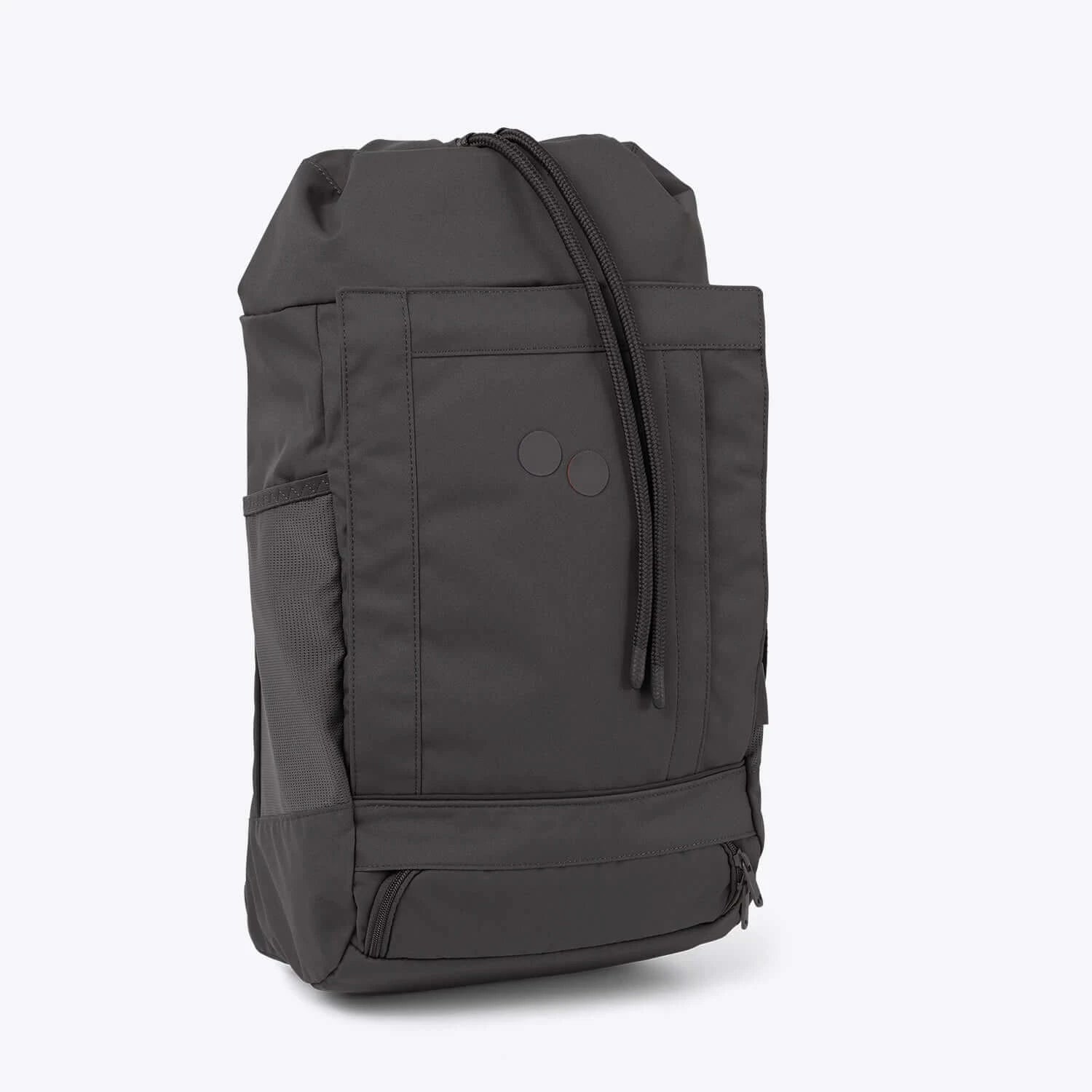 Blok Medium Deep Anthra Backpack in dark grey, featuring multiple compartments and a drawstring closure.
