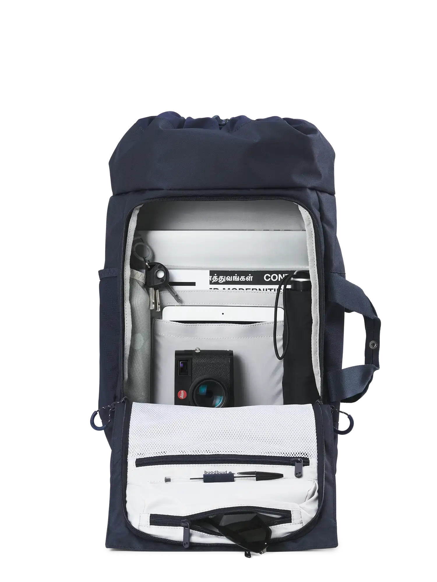 Blok Medium Fjord Navy Backpack interior showing laptop compartment and storage pockets.