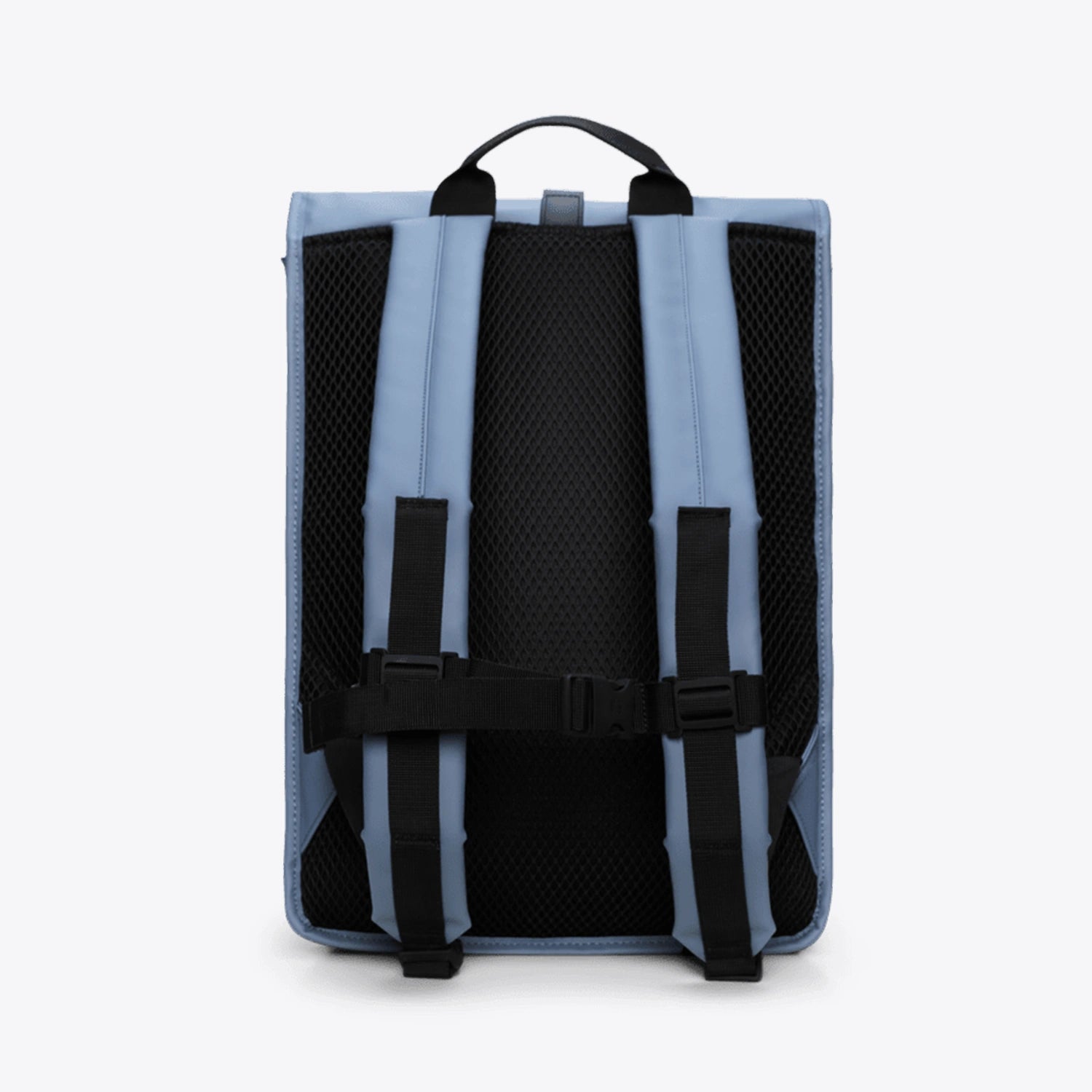 Back view of Rolltop Rucksack Blue Dusk Backpack showcasing padded straps and mesh support.