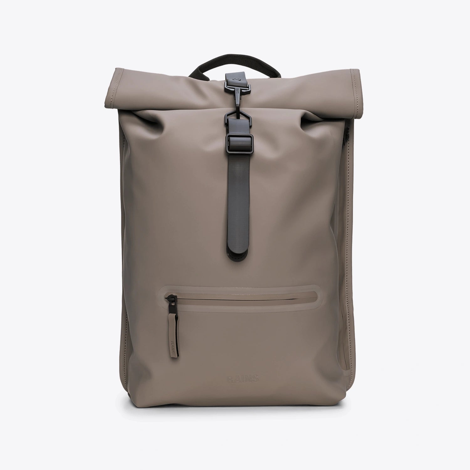 Rolltop Rucksack Cinder Backpack in grey, featuring roll-top closure and zipped front compartment.