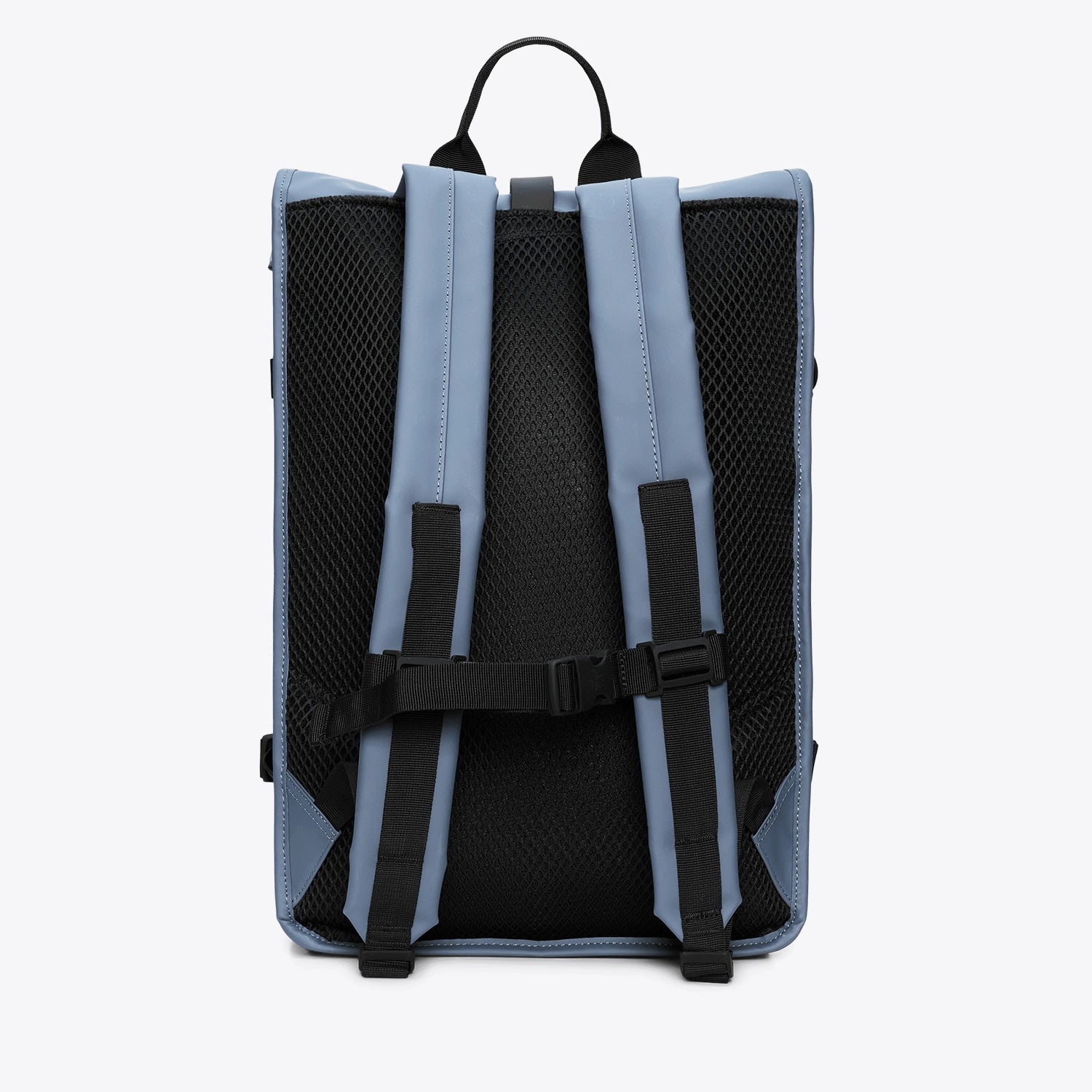 Back view of Rolltop Rucksack Large Blue Dusk Backpack with padded straps and breathable mesh.