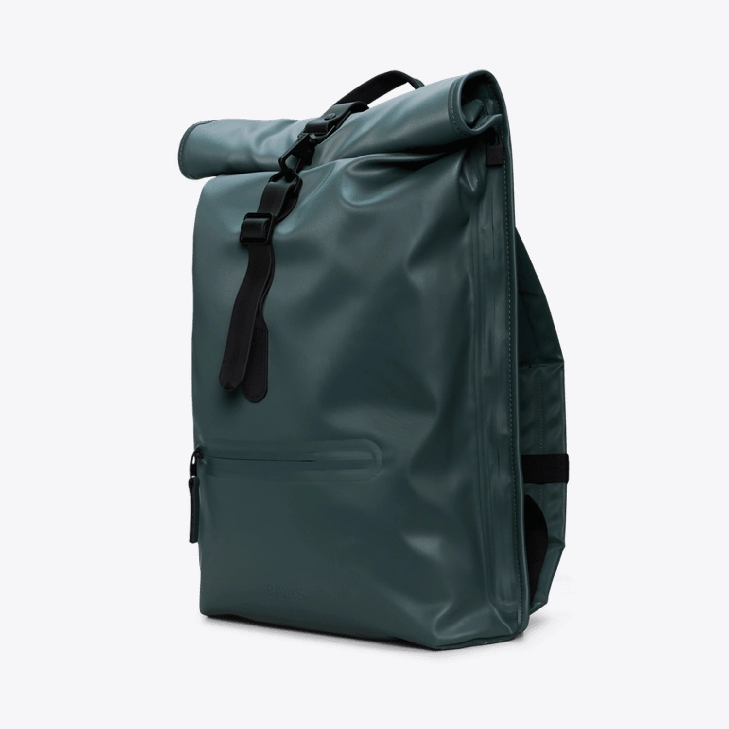 Rolltop Rucksack Mystique Backpack in waterproof green material with roll-top closure and front zipper.
