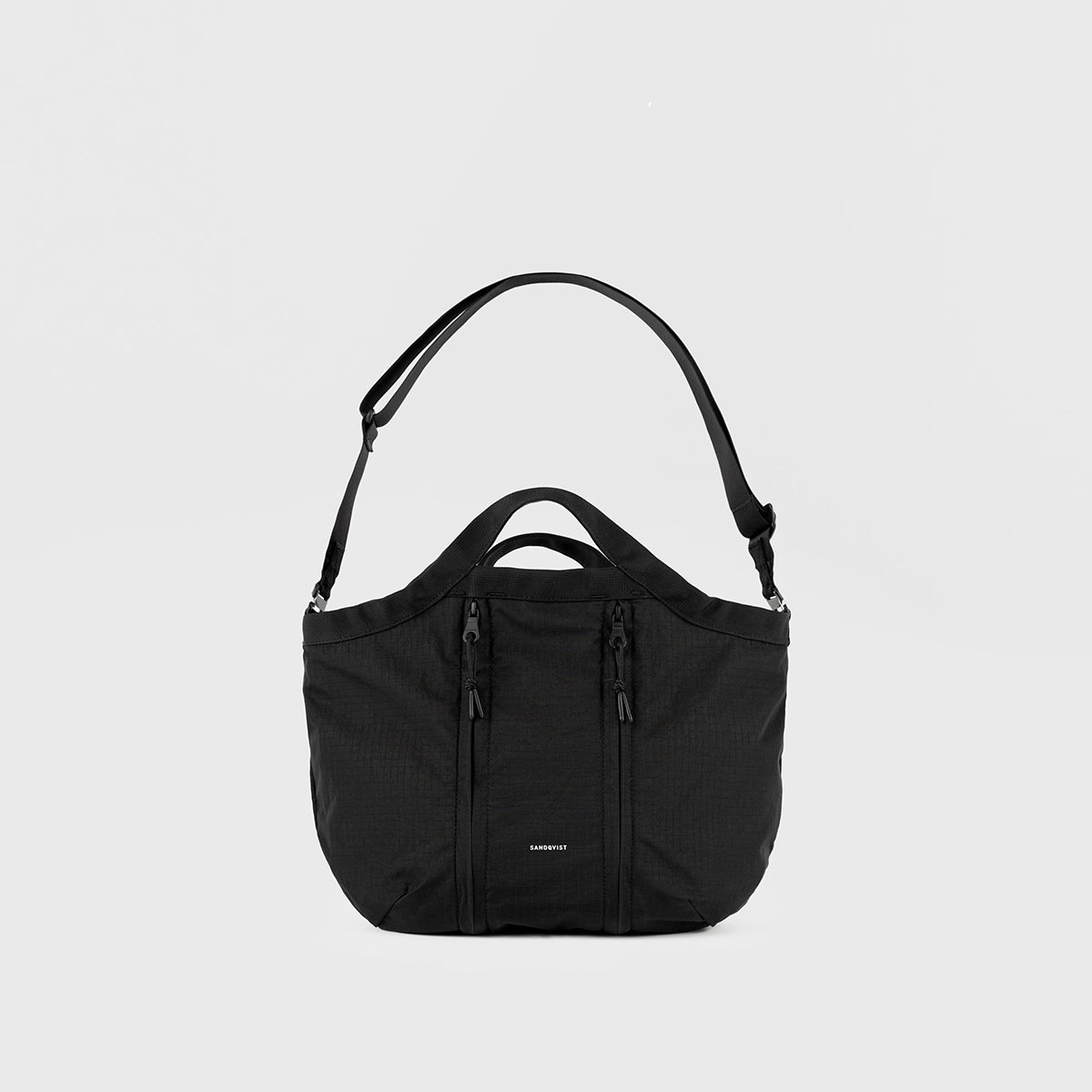 Grid Crossbody Bag Black Shoulder Bag with adjustable strap and zip pockets, made from durable nylon.