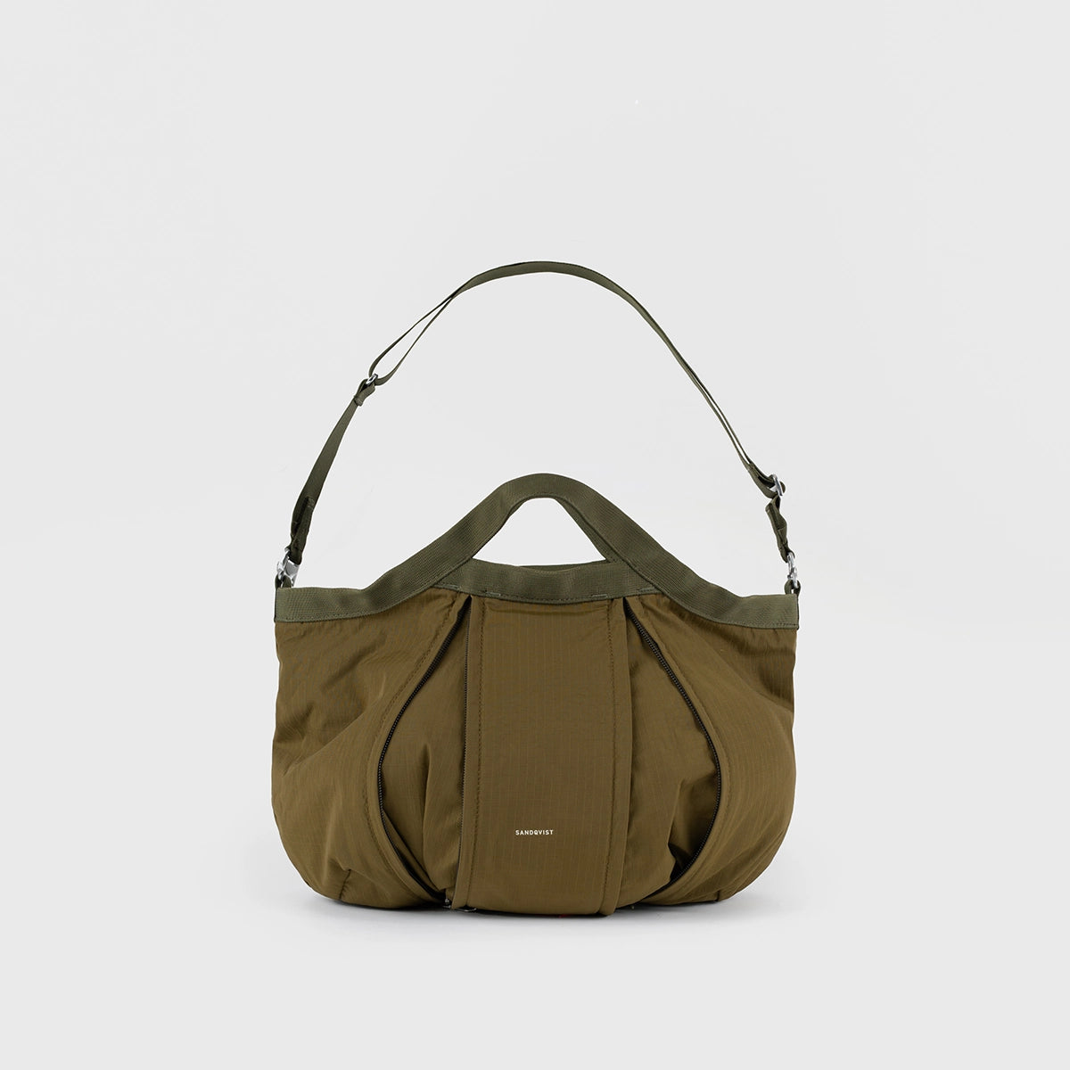 Grid Crossbody Bag Olive Shoulder Bag in durable recycled nylon ripstop with adjustable strap and expandable design.