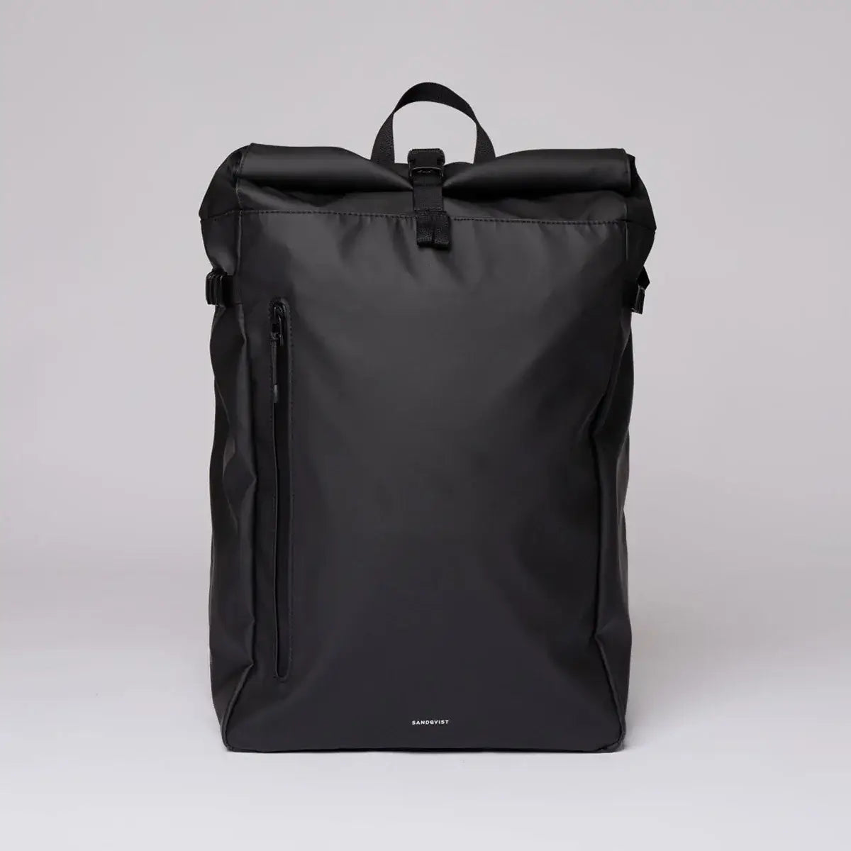 Stream Slim Rolltop L Black Backpack front view showcasing waterproof design and large front pocket.