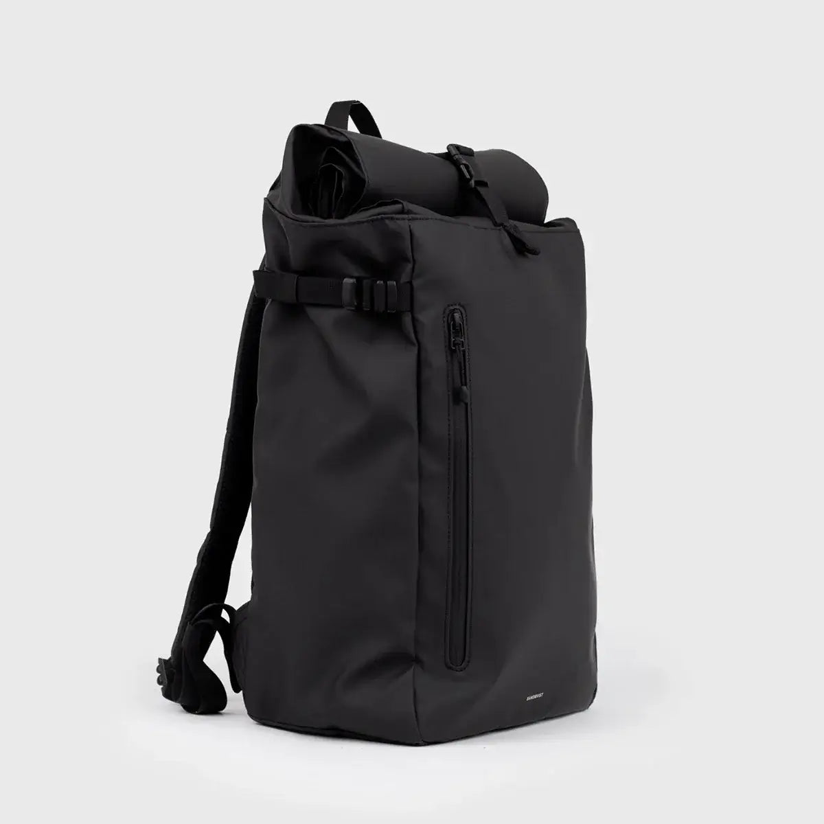 Stream Slim Rolltop L Black Backpack side view showing waterproof design and zipper pocket.