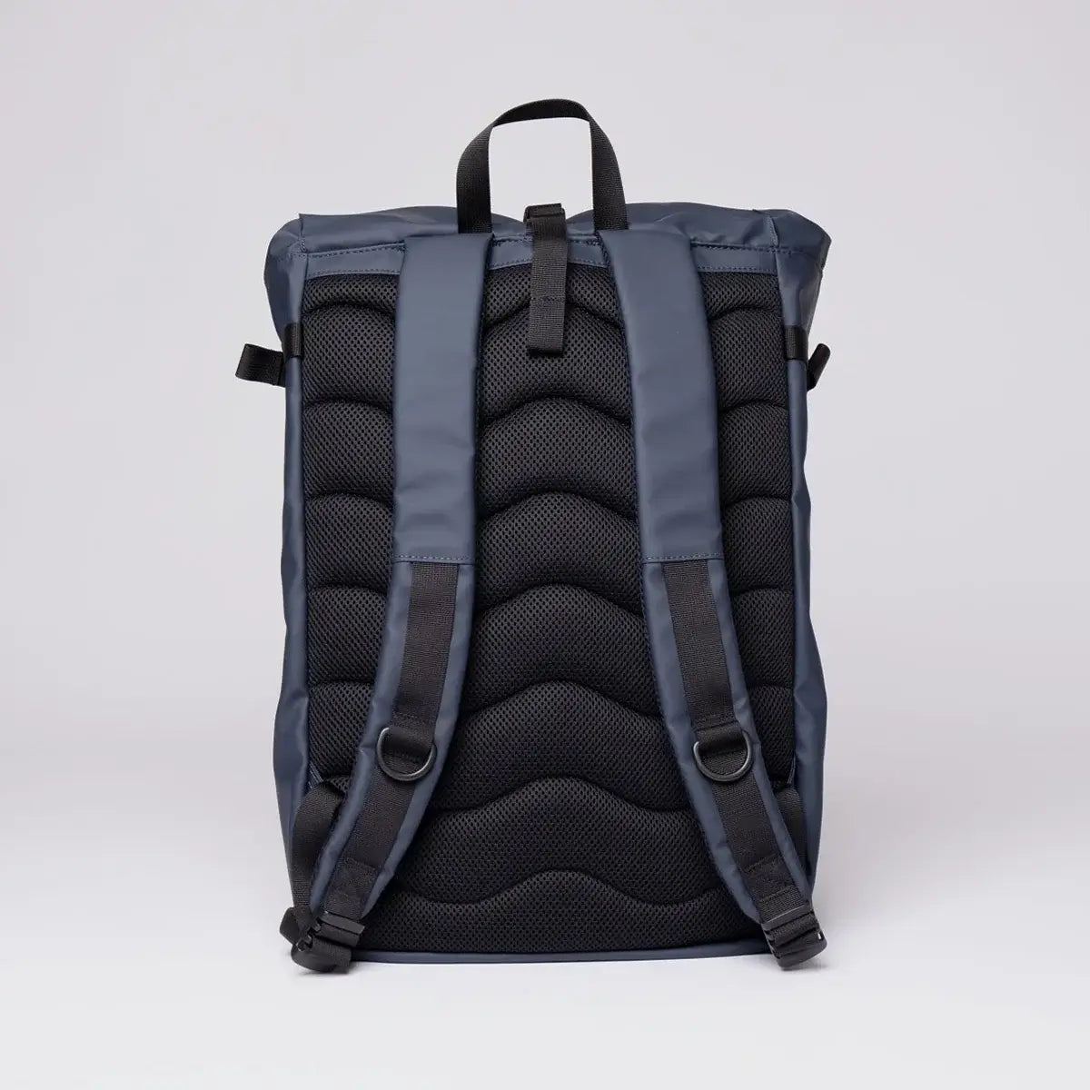 Back view of the Stream Slim Rolltop L Navy Backpack showing padded straps and breathable back panel for comfort.
