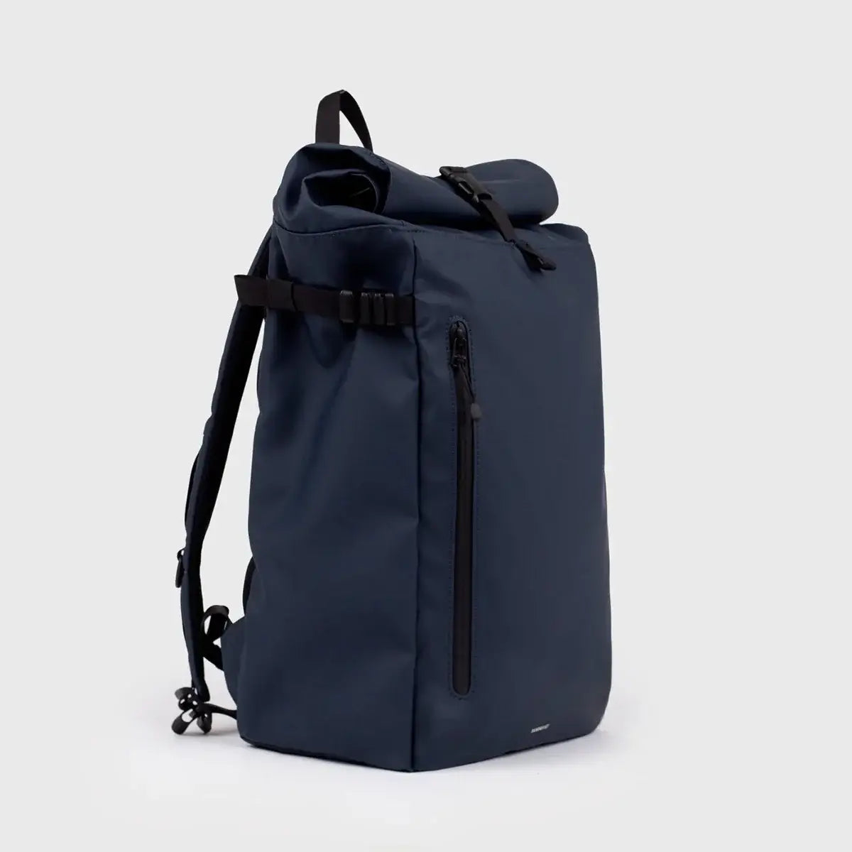 Stream Slim Rolltop L Navy Backpack side view showcasing waterproof design and YKK AquaGuard zipper.