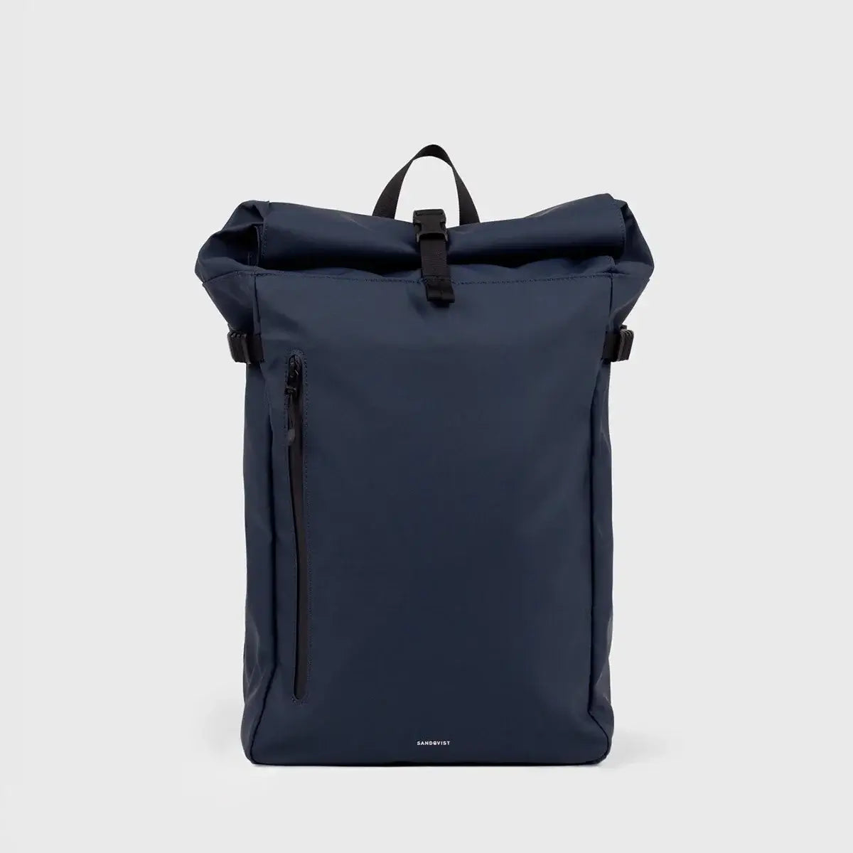 Stream Slim Rolltop M Navy Backpack in waterproof design with padded straps and front zipper pocket.