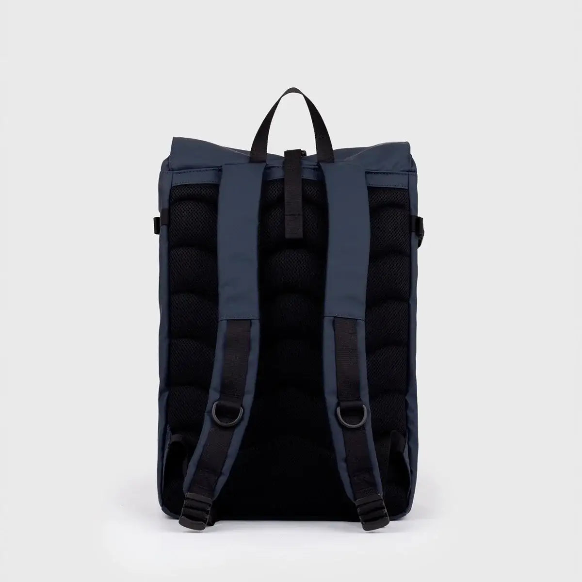 Stream Slim Rolltop M Navy Backpack showing padded shoulder straps and comfortable back panel.