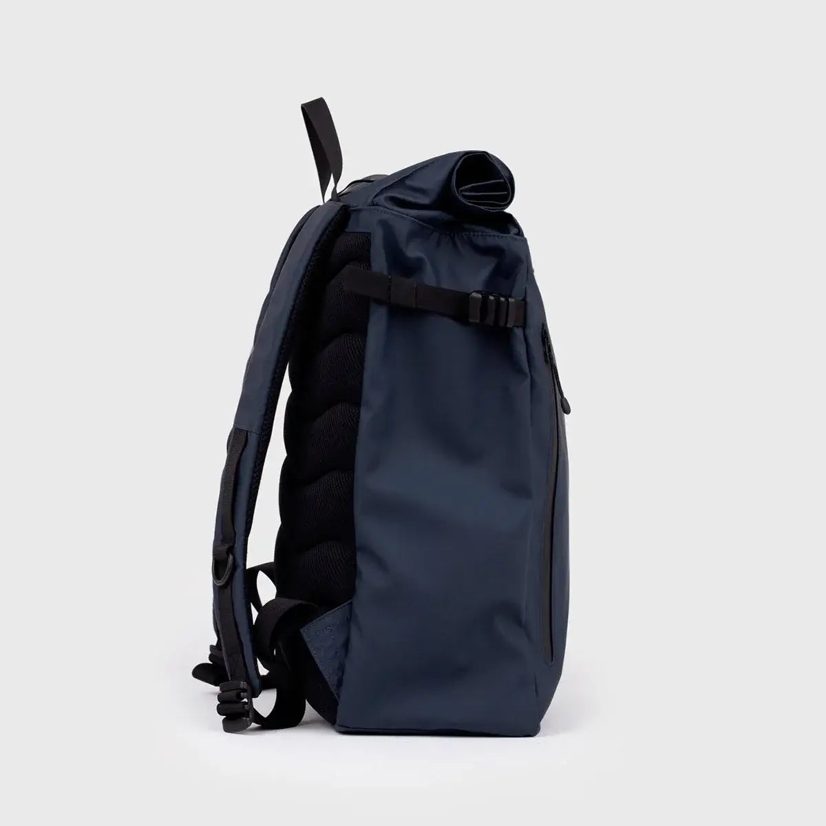 Stream Slim Rolltop M Navy Backpack side view with waterproof design and padded straps