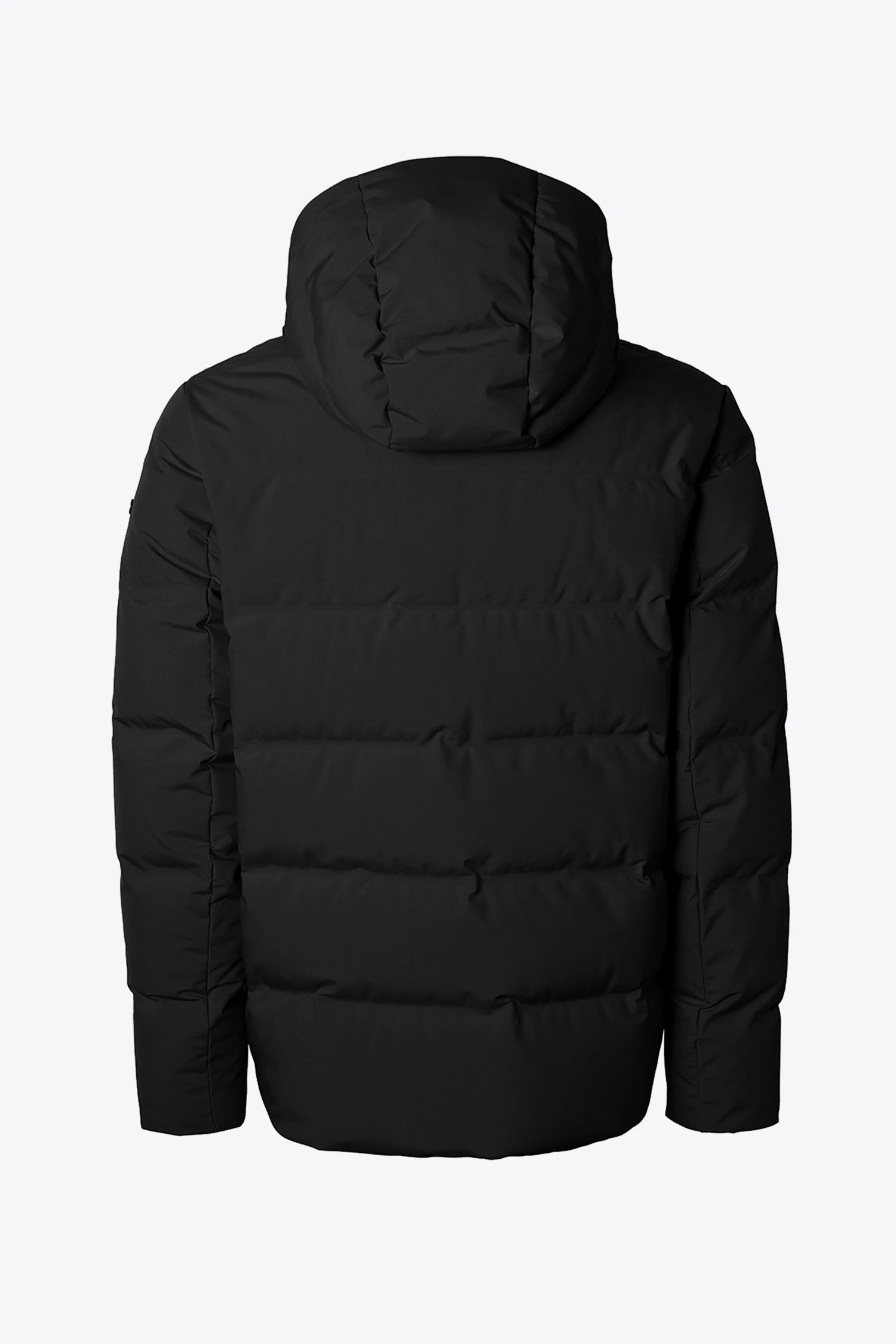 Back view of the Torrent II Onyx Coat showcasing its sleek, insulated design and hood.