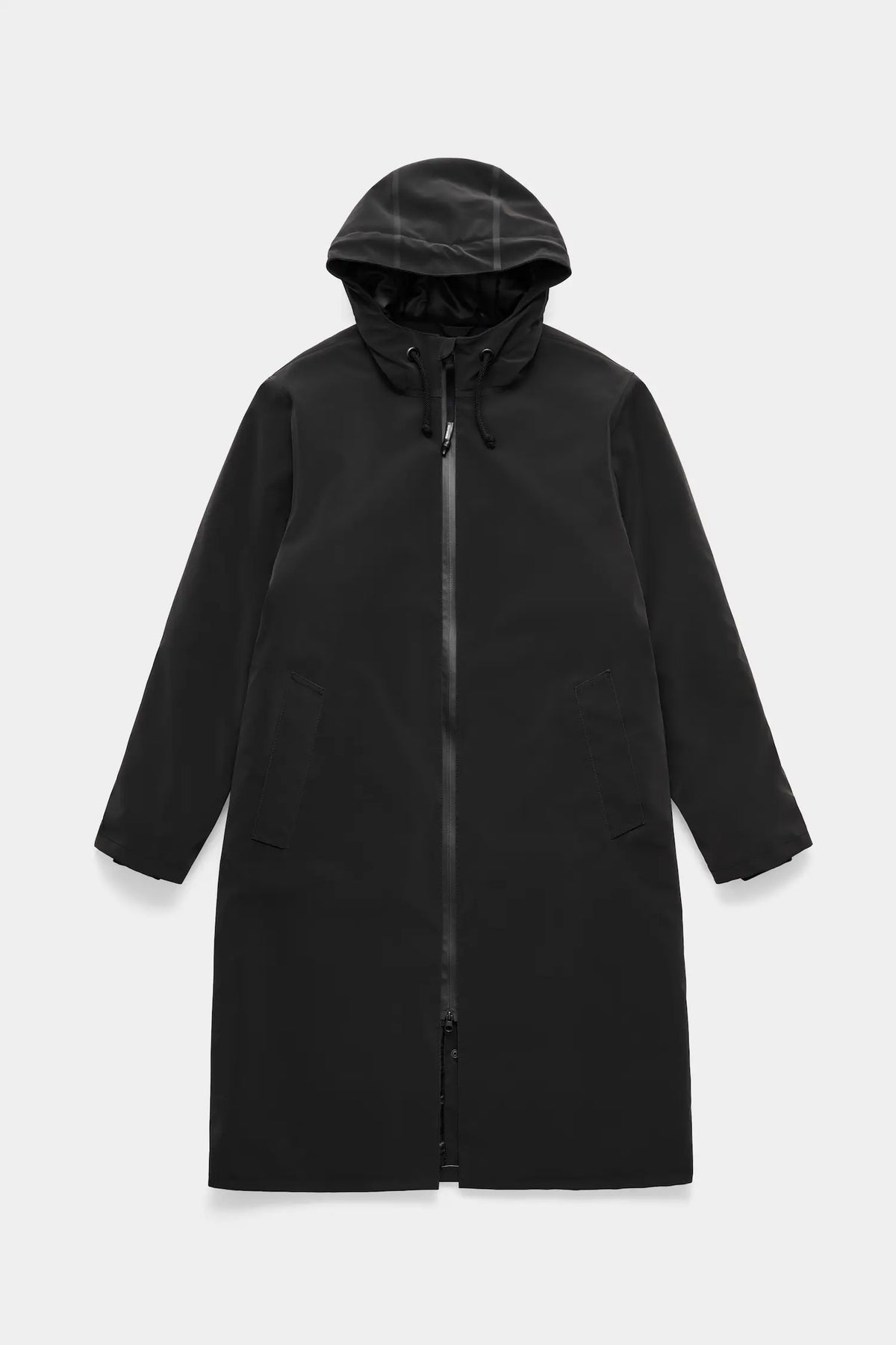 Stockholm Long Matte Black Winter Coat displayed from the front view, showcasing its sleek design and adjustable hood.