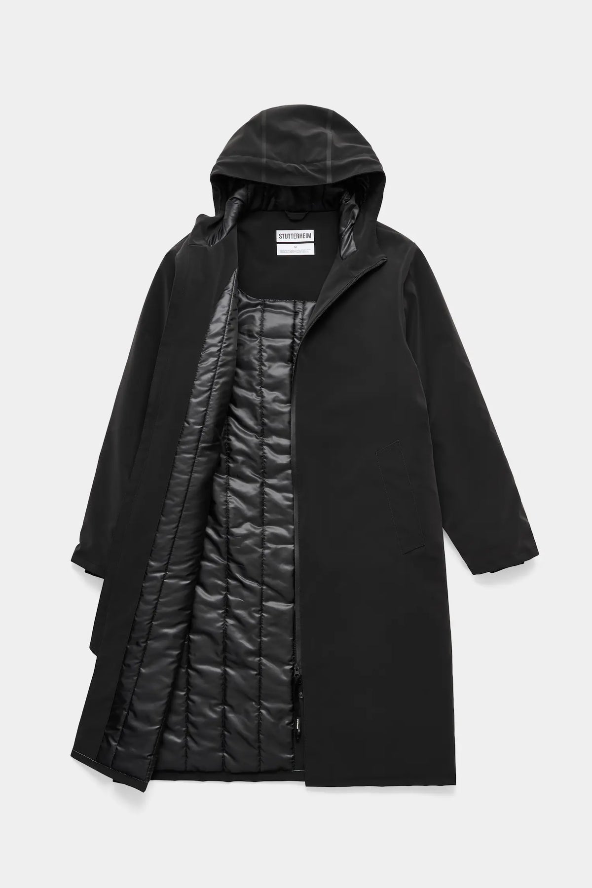 Stockholm Long Matte Black Winter Coat displayed with a hood and quilted lining, showcasing its waterproof design.