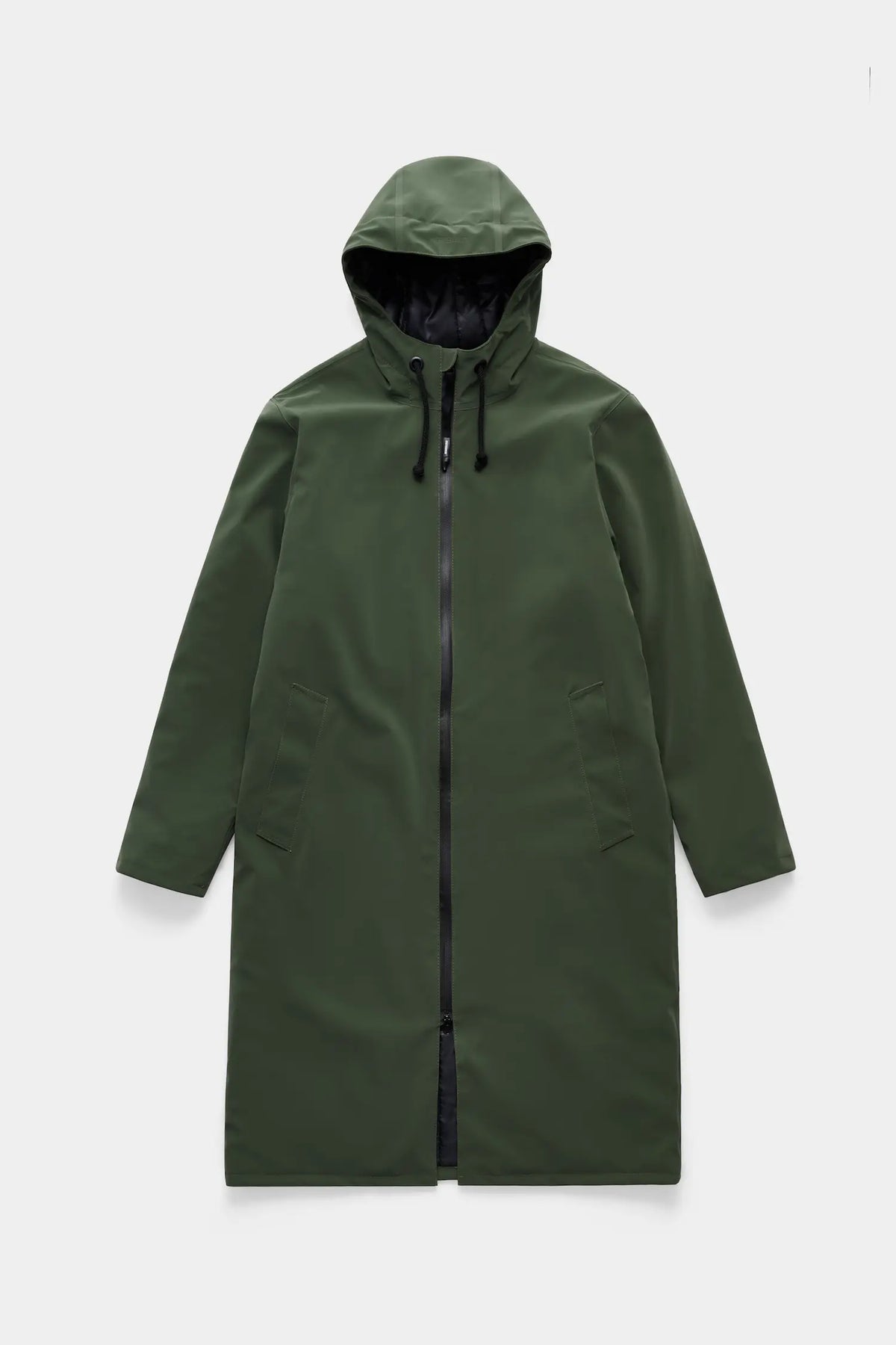 Stockholm Long Matte Green Winter Coat with adjustable drawstring hood and zip closure.