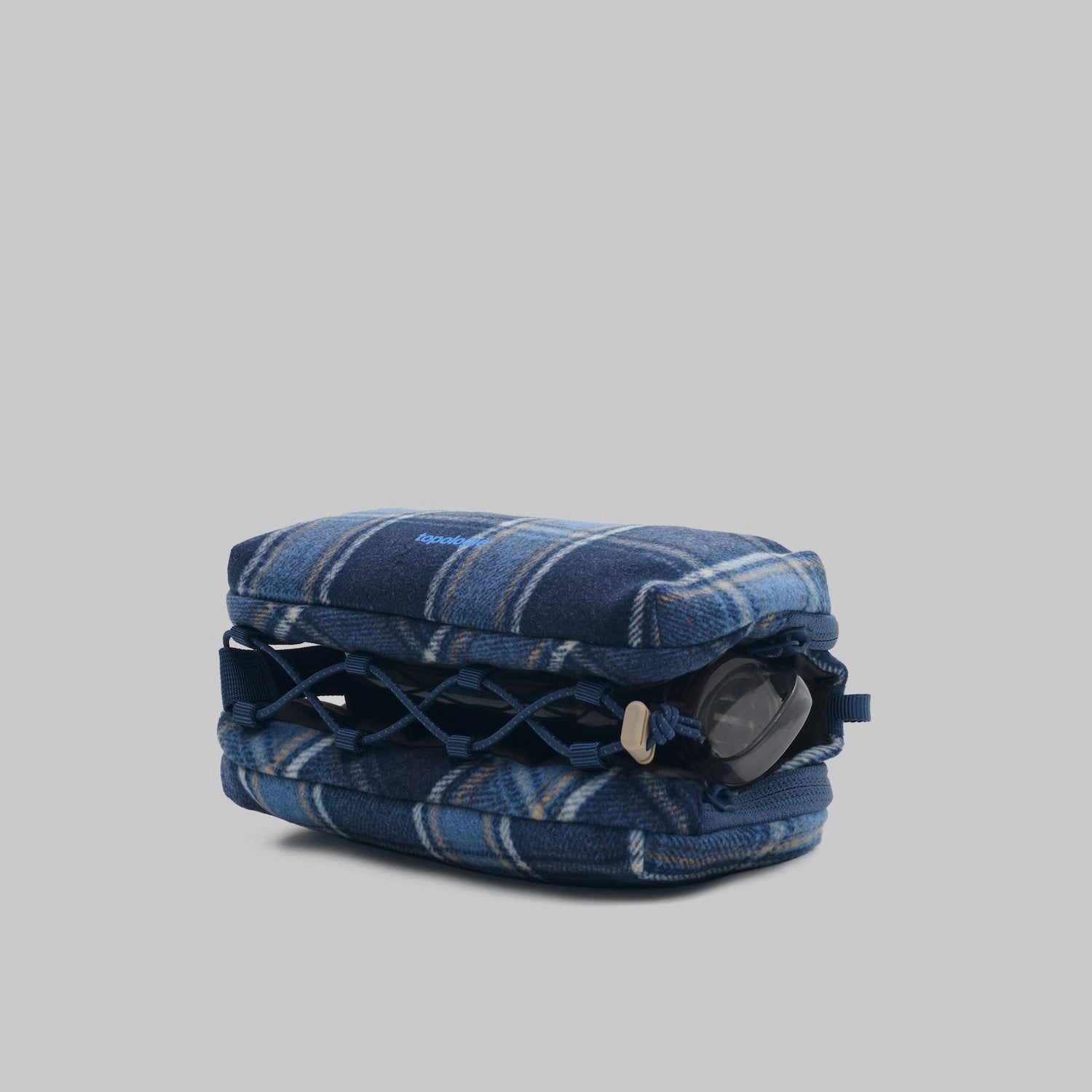 Bottle Sacoche Medium Blue Check Wool Bag showing blue check wool fabric and compartment for bottle or umbrella.