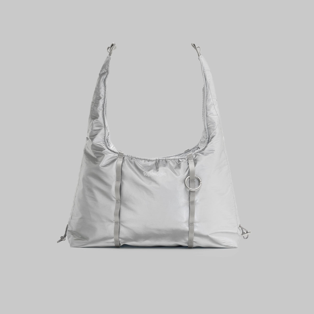Cloud Hobo Small Chrome Space Coated Shoulder Bag featuring a sleek design with drawstring details and daisy chain webbing.