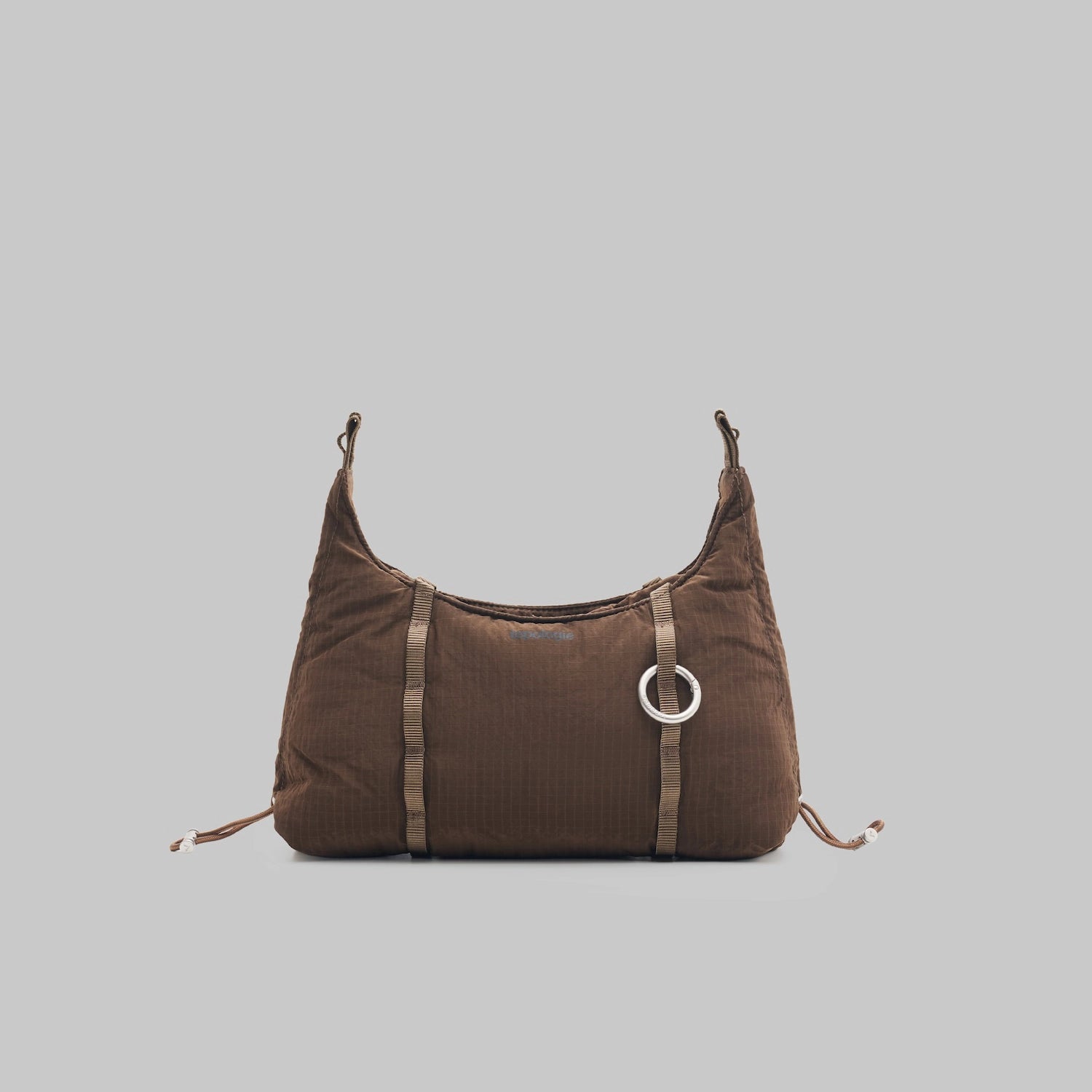 Cloud Hobo XS Cocoa Vintage Ripstop Shoulder Bag in stylish brown fabric with drawstring details and accessory loops.