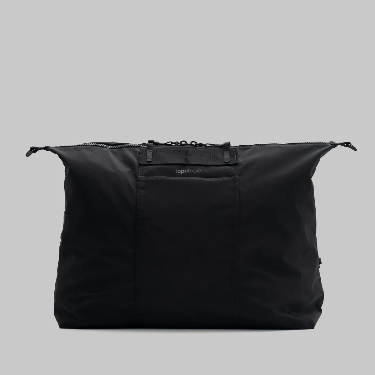 Explorer Tote Weekender Black Tech Sateen Shoulder Bag displayed in a sleek design with a zippered closure.