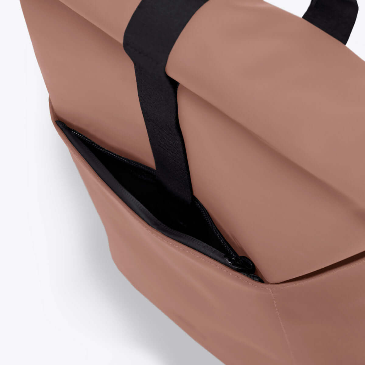 Hajo Macro Lotus Redwood Backpack showing waterproof material and extra side zipper pocket.