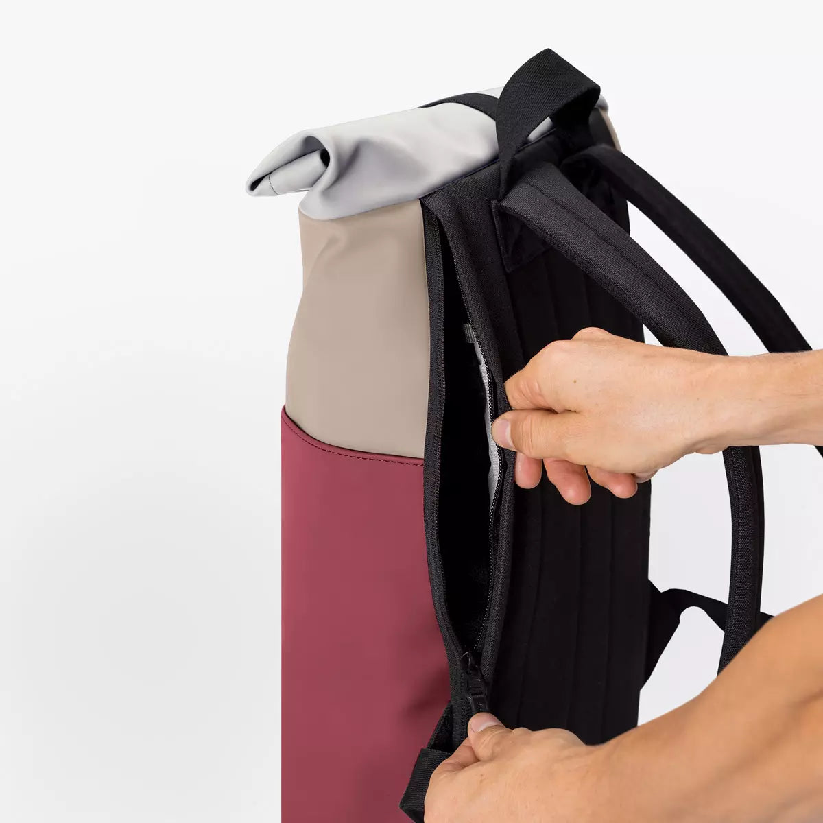 Hajo Lotus Infinity Sand Burgundy Backpack side view with padded straps and zipper opening