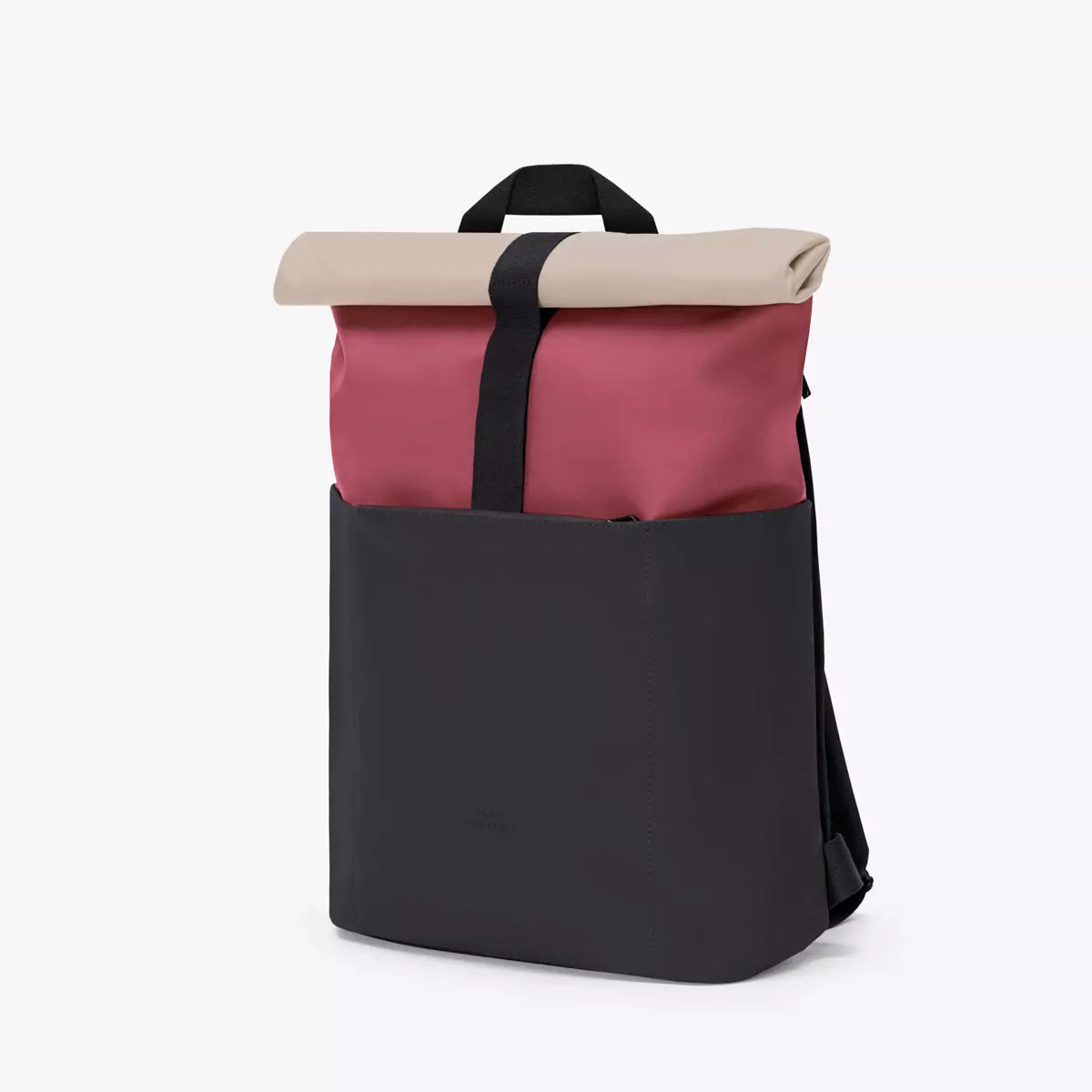 Hajo Mini Lotus Infinity Burgundy Black Backpack showcasing a stylish design with a roll-top and dual-tone color scheme.