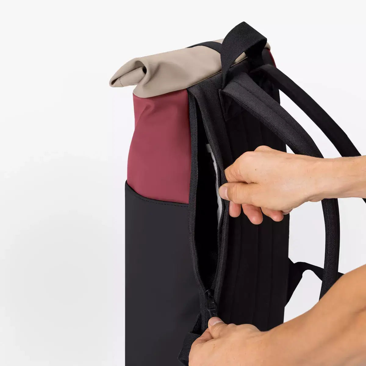 Hajo Mini Lotus Infinity Burgundy Black Backpack side zipper detail with padded straps