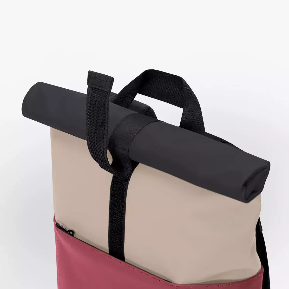 Hajo Mini Lotus Infinity Sand Burgundy Backpack with black roll top and handle detail
