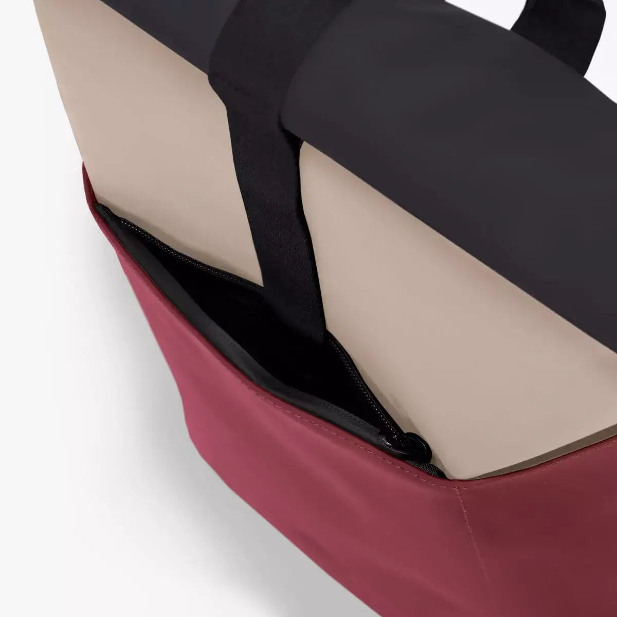 Hajo Mini Lotus Infinity Sand Burgundy Backpack showing interior and side zipper pocket.
