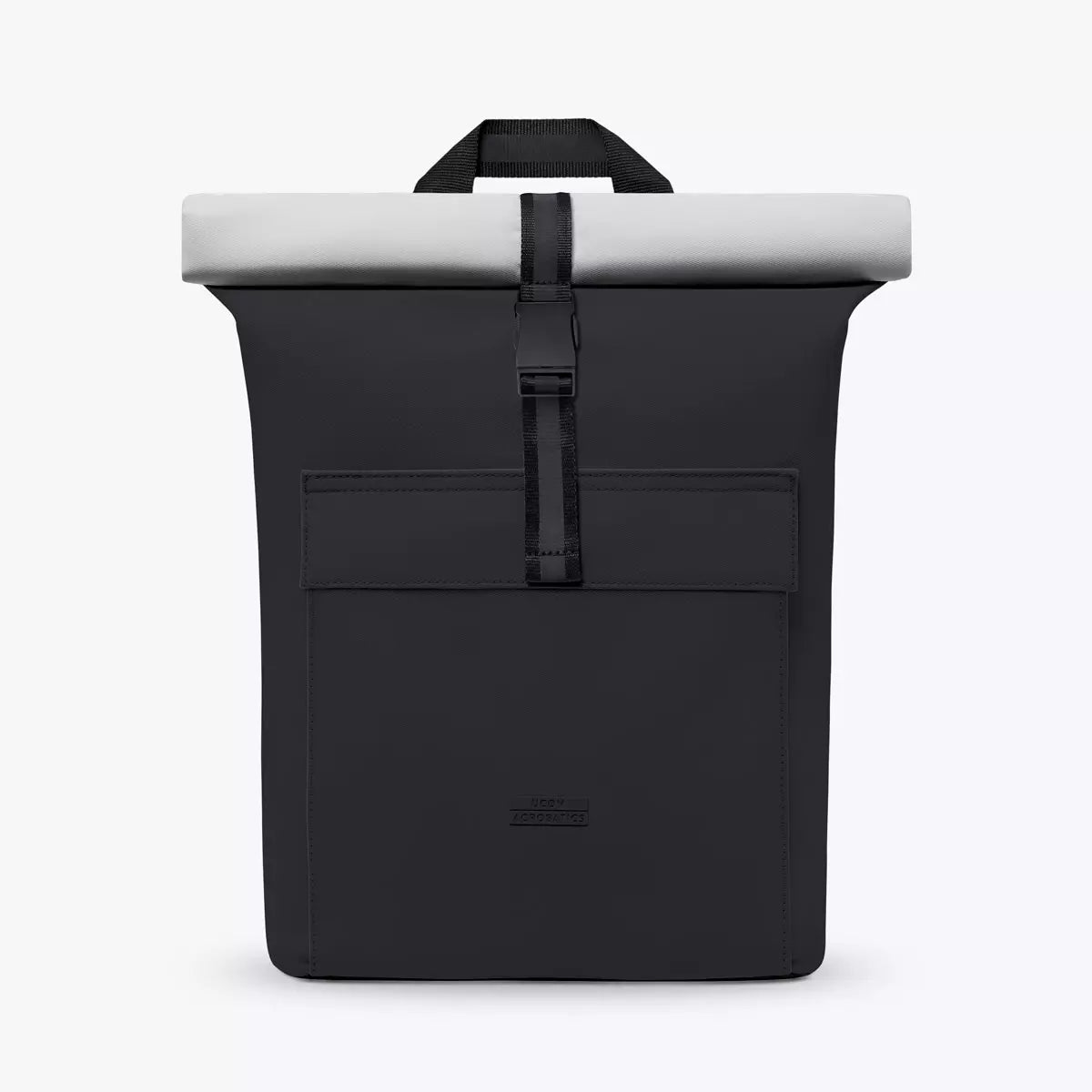 Jannik Medium Aloe Black Light Grey Backpack with waterproof roll-top closure and side zipper.