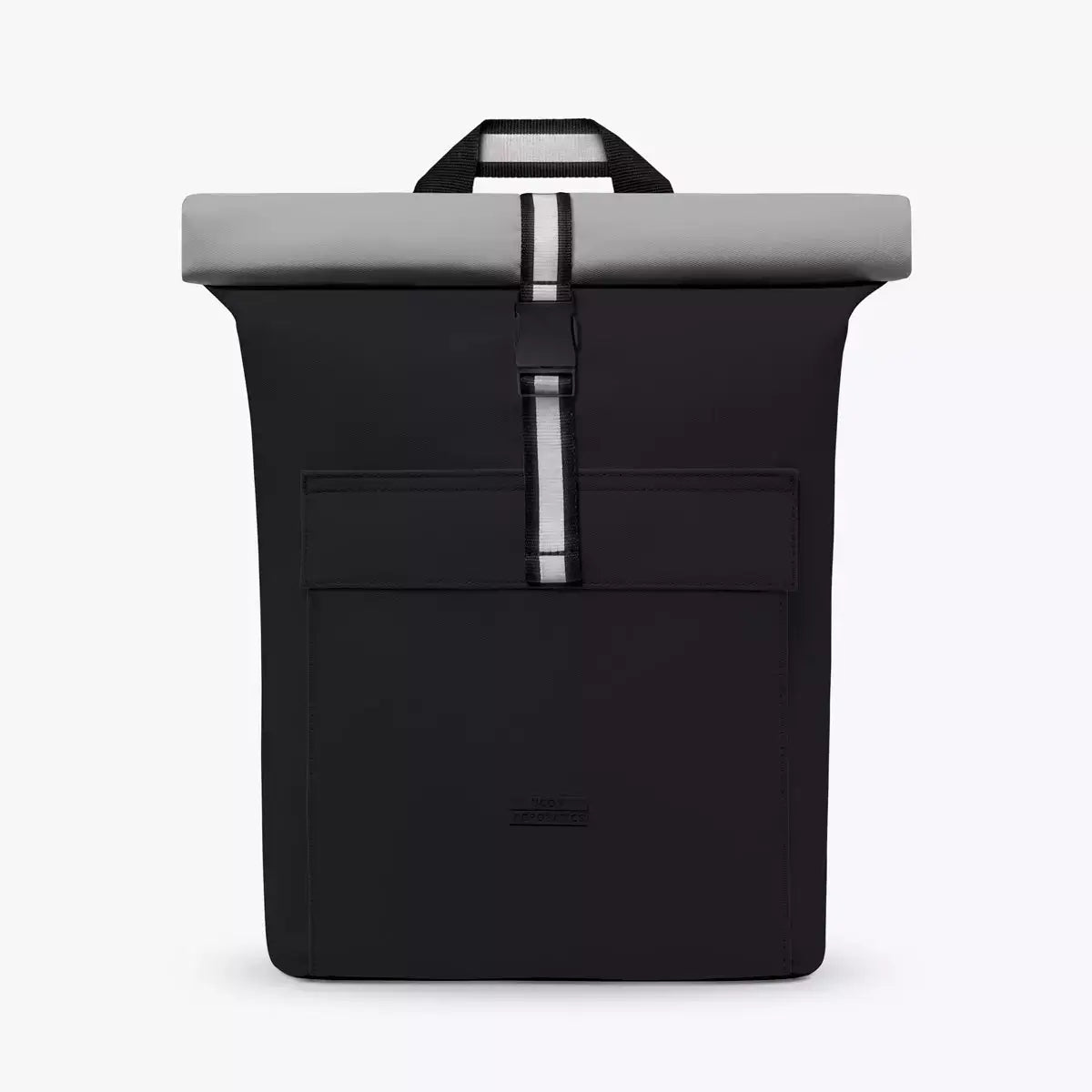 Jannik Medium Aloe Black Light Grey Backpack featuring waterproof roll-top closure and side zipper.