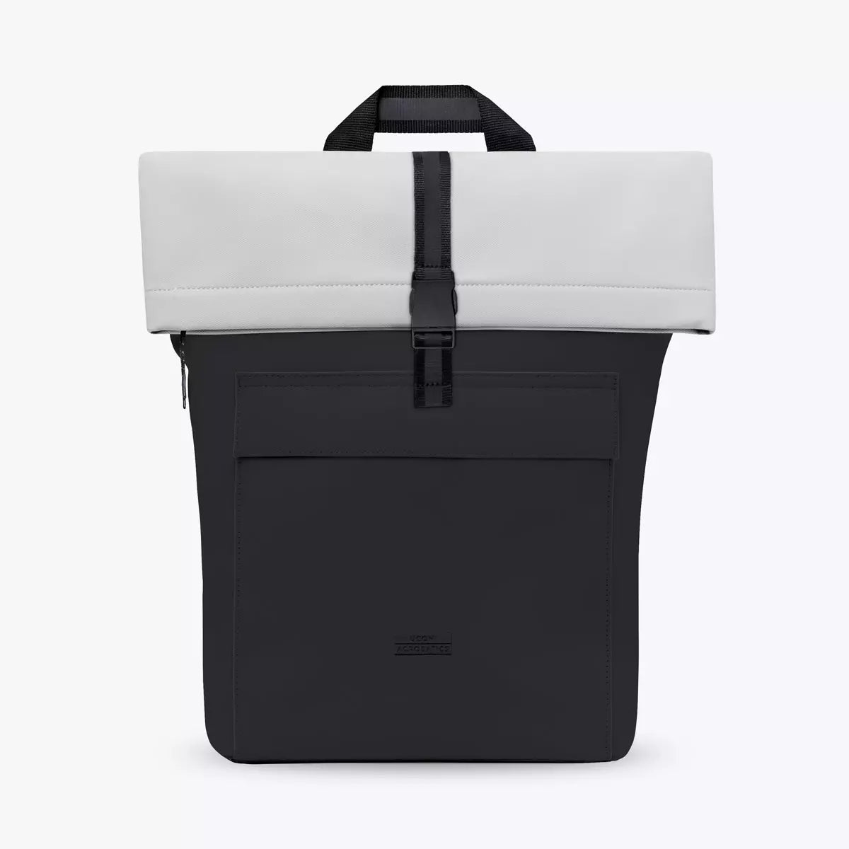 Jannik Medium Aloe Black Light Grey Backpack featuring a waterproof roll-top design and side zipper.