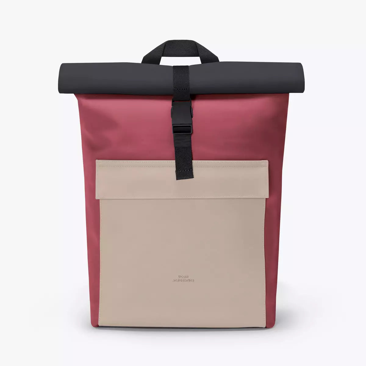 Jannik Medium Lotus Infinity Burgundy Sand Backpack with roll-top closure and beige front pocket.