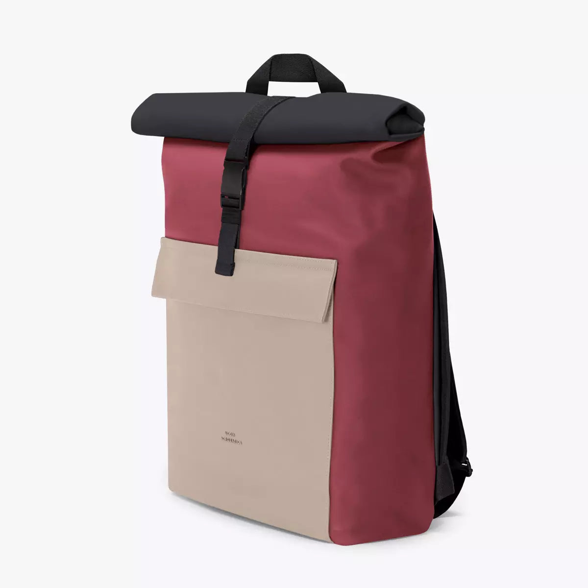 Jannik Medium Lotus Infinity Burgundy Sand Backpack displayed in a sleek design with roll-top closure and side zipper.