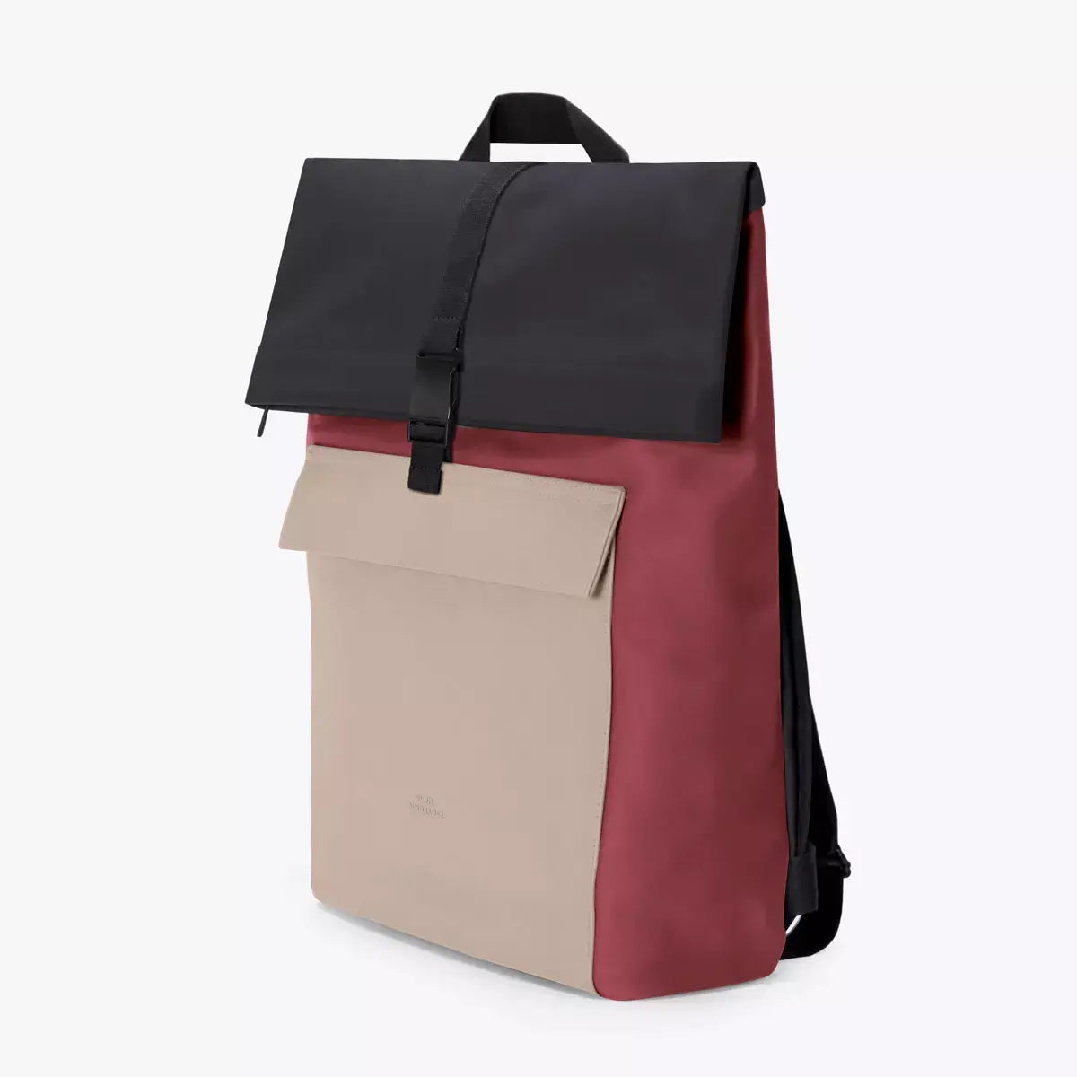 Jannik Medium Lotus Infinity Burgundy Sand Backpack side view with roll-top closure and black, burgundy, beige colors.