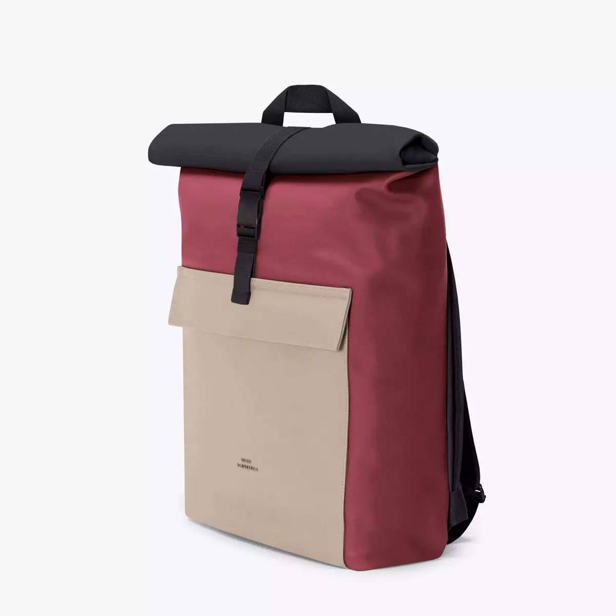 Jannik Mini Lotus Infinity Burgundy Sand Backpack with waterproof roll-top closure and side zipper.