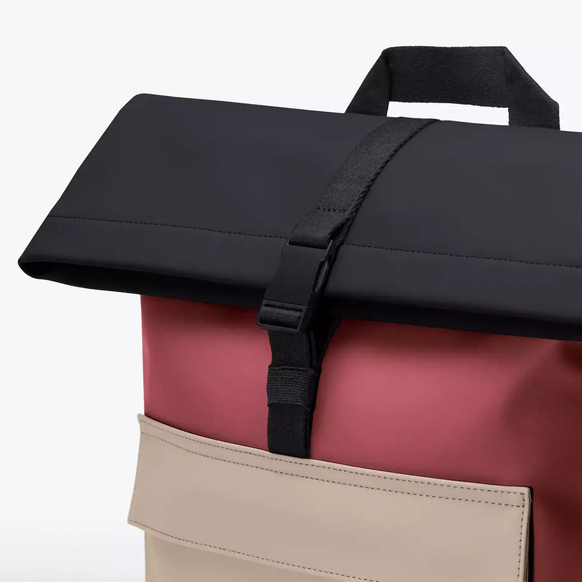 Jannik Mini Lotus Infinity Burgundy Sand Backpack roll-top closure and adjustable strap detail