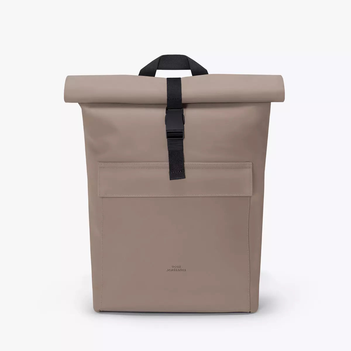 Jannik Mini Lotus Infinity Dark Sand Backpack showcasing a waterproof roll-top design and compact size.