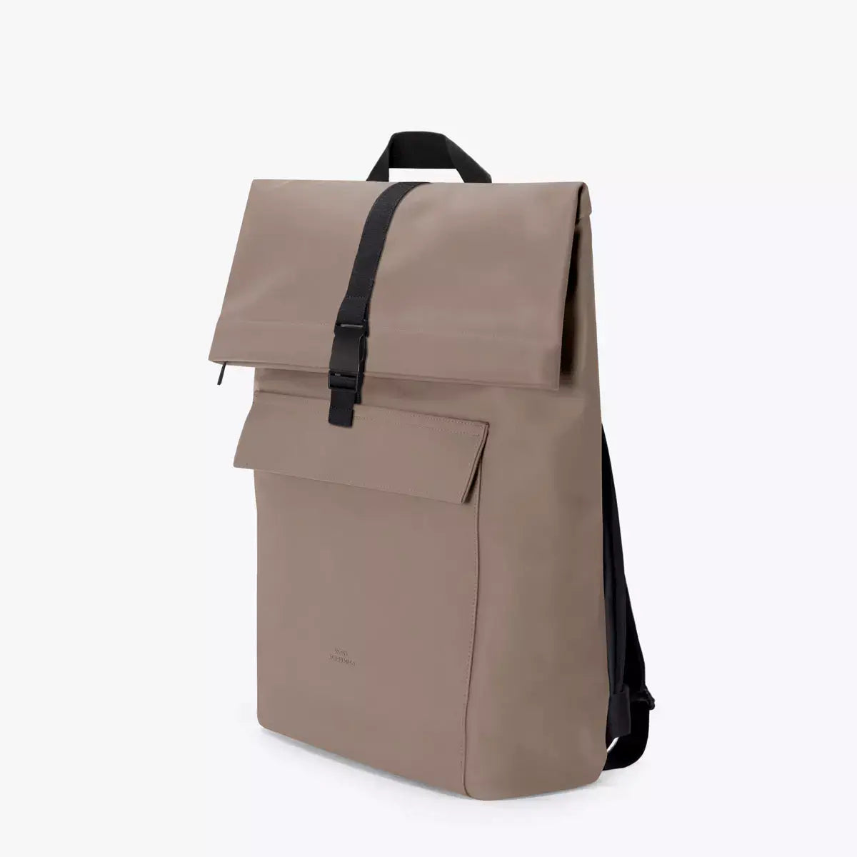Jannik Mini Lotus Infinity Dark Sand Backpack with roll-top closure and side zipper, ideal for 16 inch laptops.
