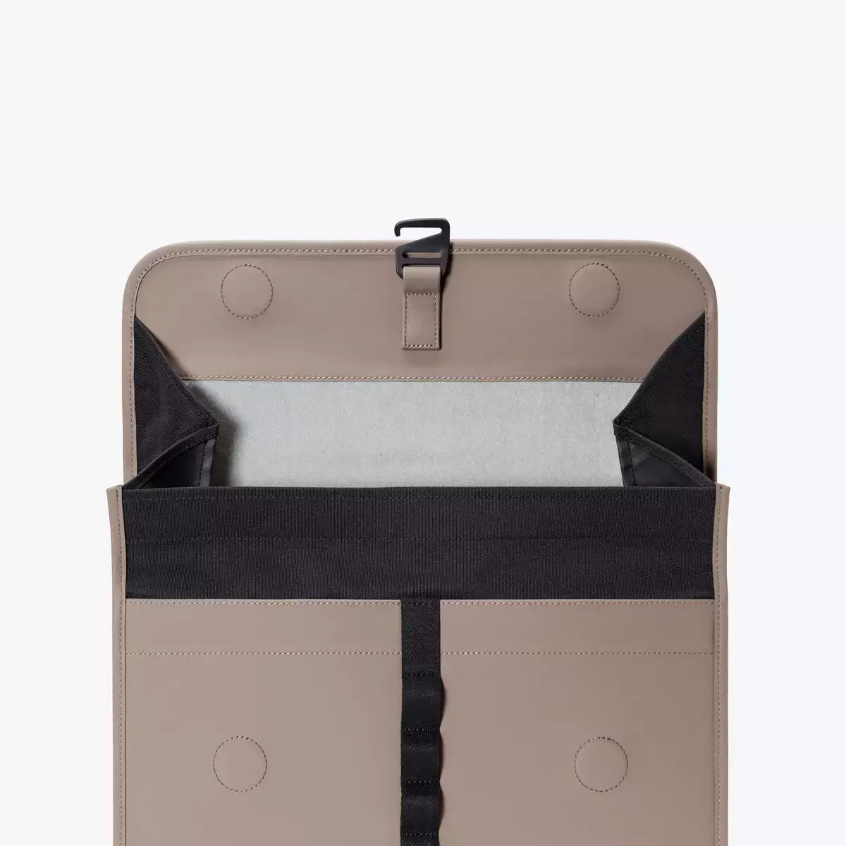 Katsu Lotus Infinity Dark Sand Shoulder Bag interior showing compartments and magnetic closure.