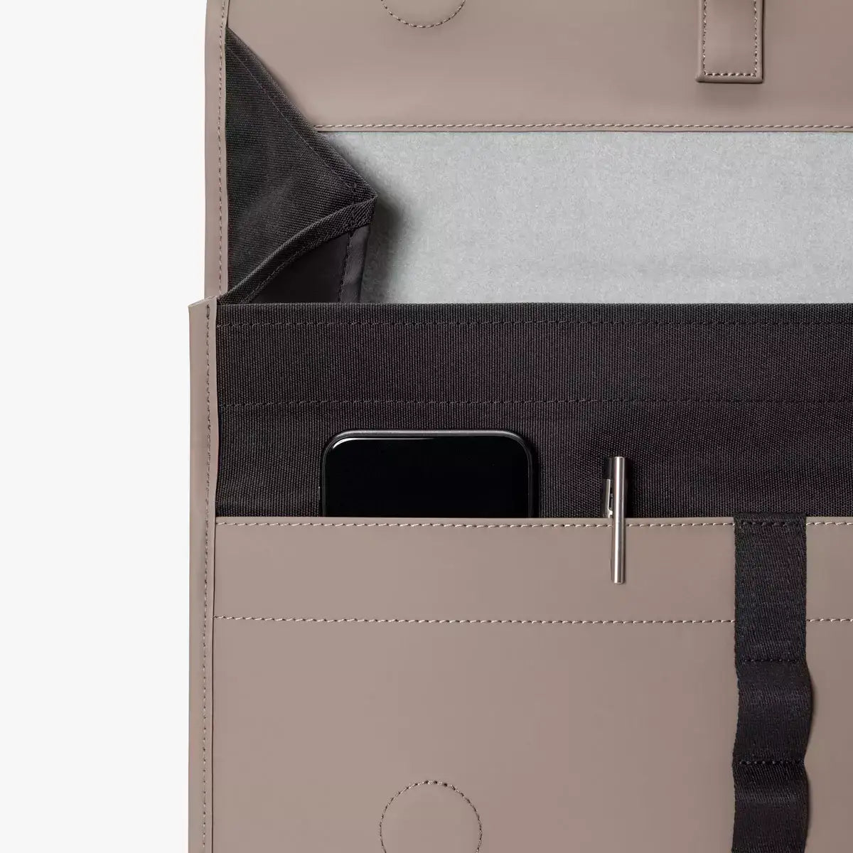 Katsu Lotus Infinity Dark Sand Shoulder Bag showing internal pocket with smartphone and pen