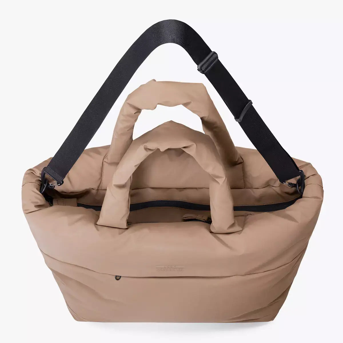 Olivia Large Moss Earth Shoulder Bag shown from above, featuring beige color and adjustable straps.